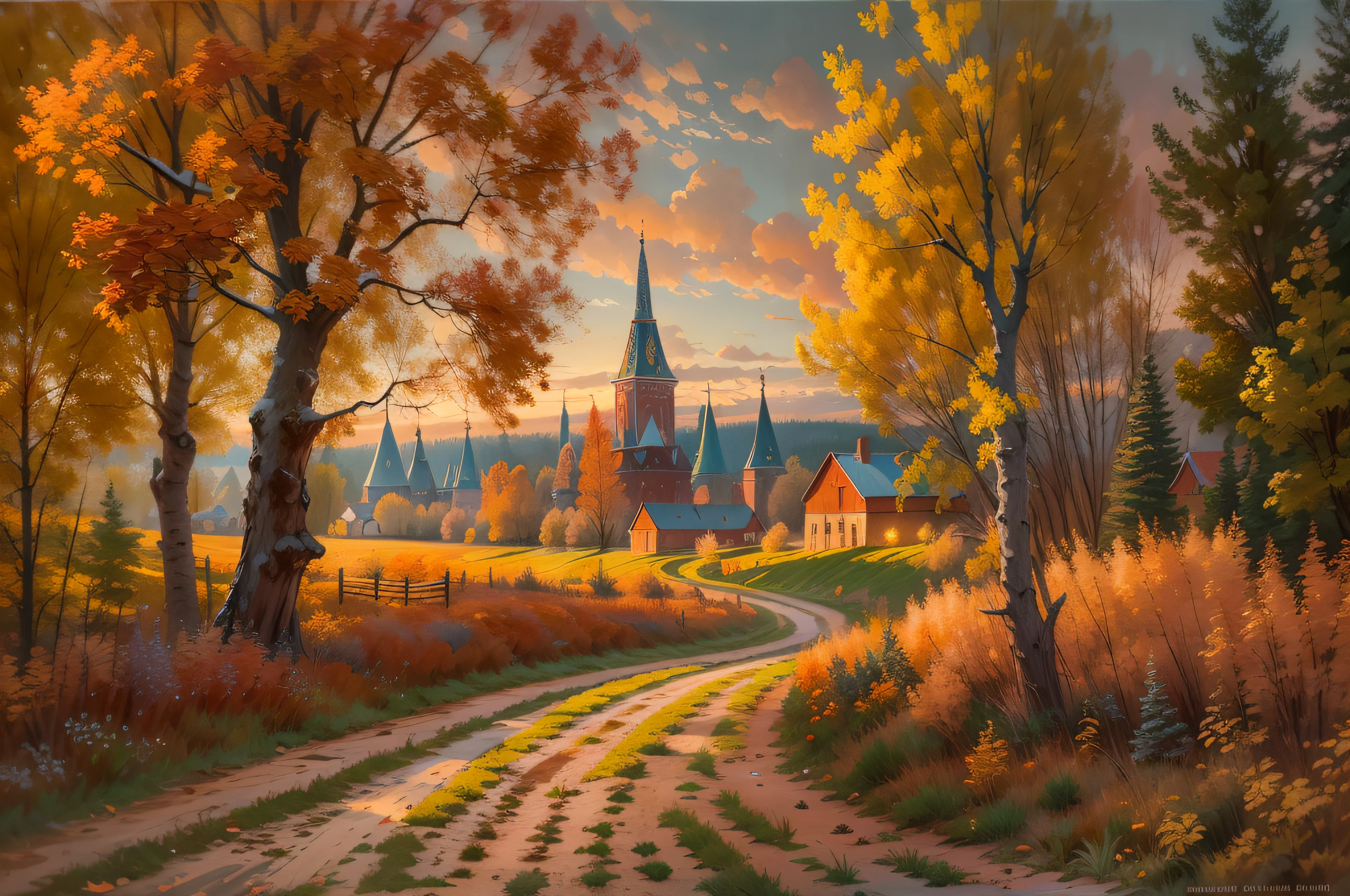 Autumn in the Russian village, Russian landscape, evening, oil painting