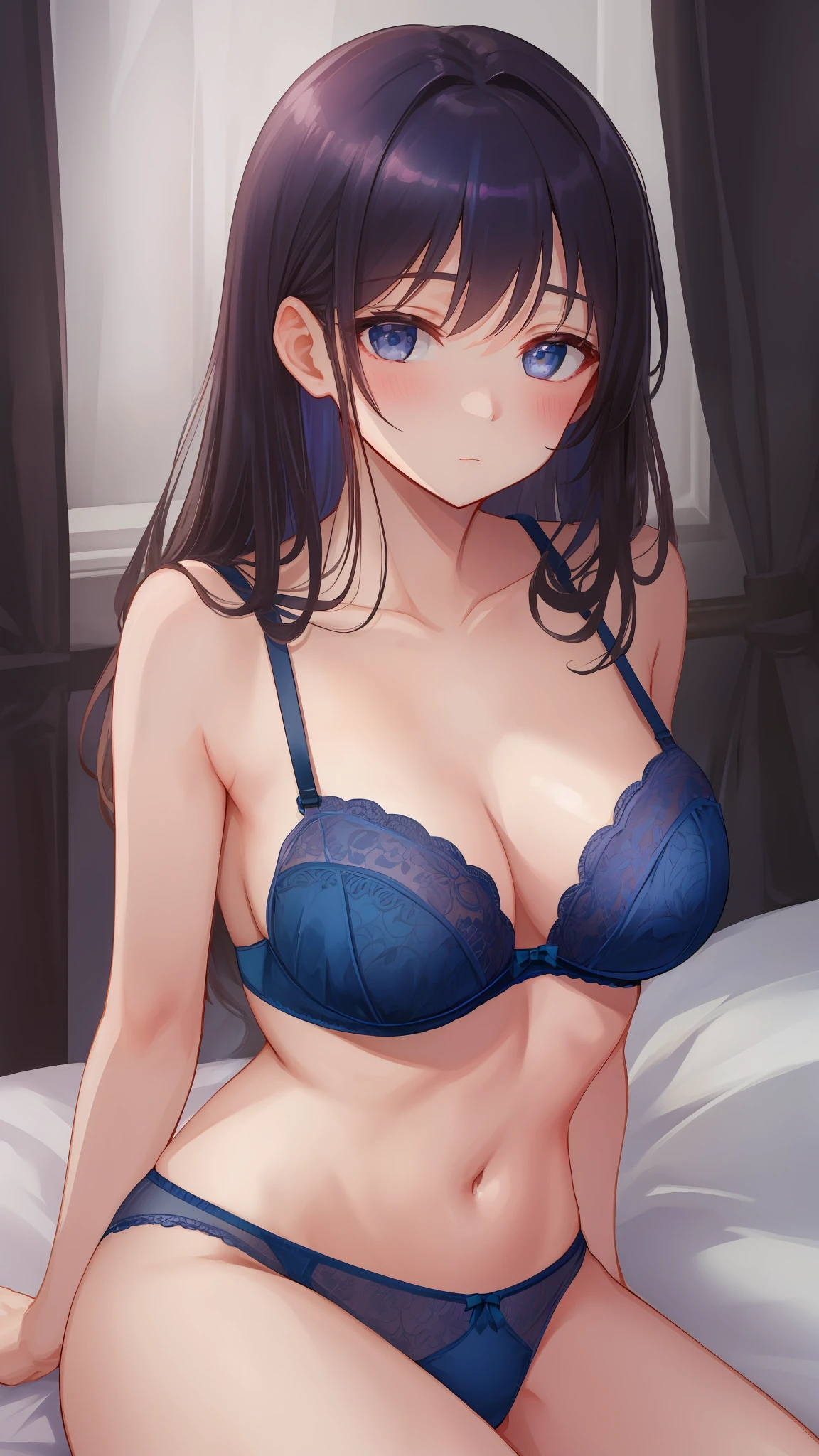 top-quality、Exquisite、in one's underwear only、Dark blue lingerie、Blushing and staring at me、
