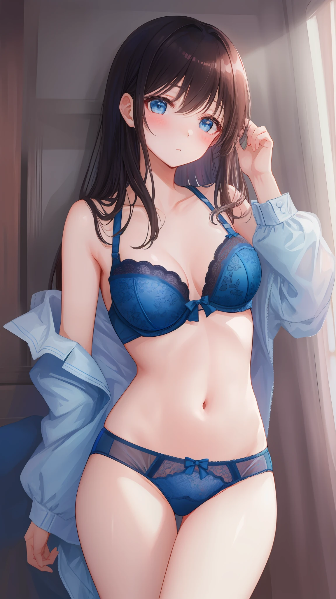 top-quality、Exquisite、in one's underwear only、Dark blue lingerie、Blushing and staring at me、