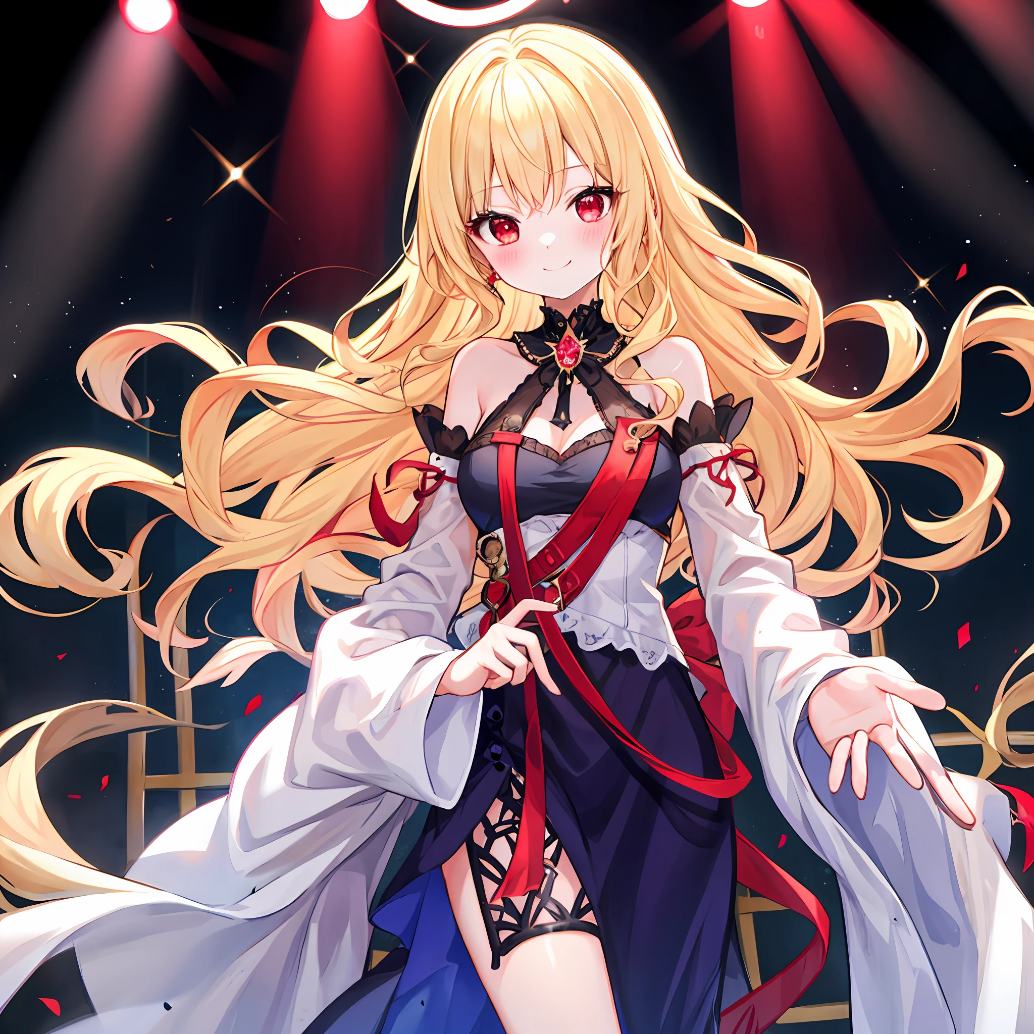 One wavy blonde girl、red eyes、独奏、red blush、a little bit smile、Idol、stage、off shoulders、robe blanche