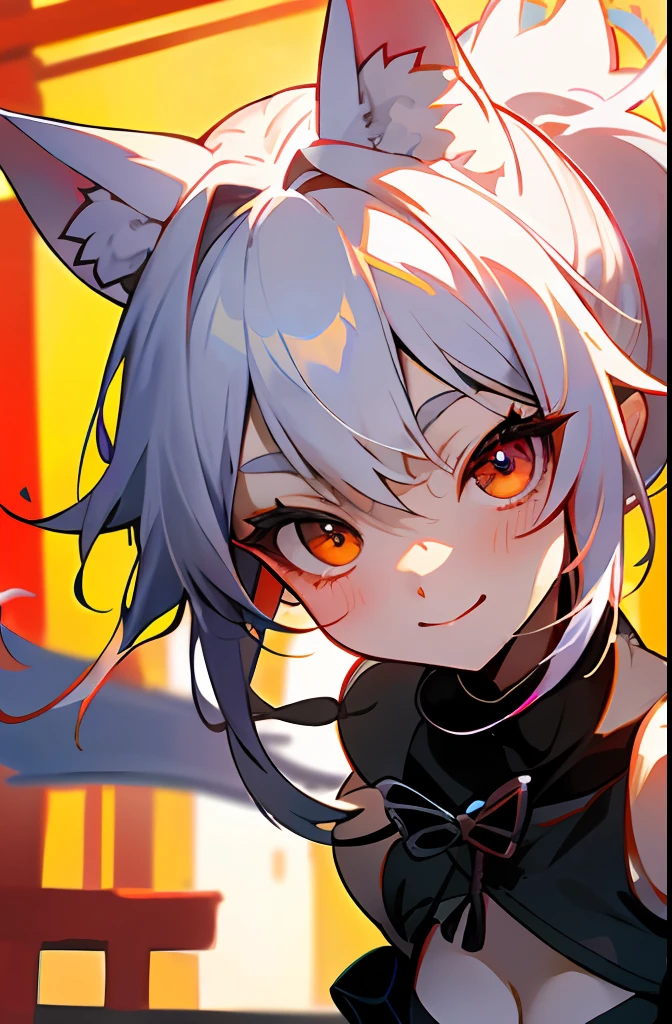 Original Characters、Volume Lighting、Best Shadows、Deep depth of field、Portrait of an amazingly beautiful girl、Delicate beautiful attractive face with petite and seductive red eyes、White hair、tthin eyebrows、huge smile、Keep your mouth shut、((cyberpunked))、((Japan traditional costume))、((Cat's ears))、Beautiful lower breasts、Long ponytail、Blush Eyeshadow、Open belly button、Slim waist、City of the Future、Being in the center of the intersection、Japan Akihabara、(top-quality、Superb Detail:1.25)、(独奏:1.3)、Brilliant Colorful Paintings、Holding a wand