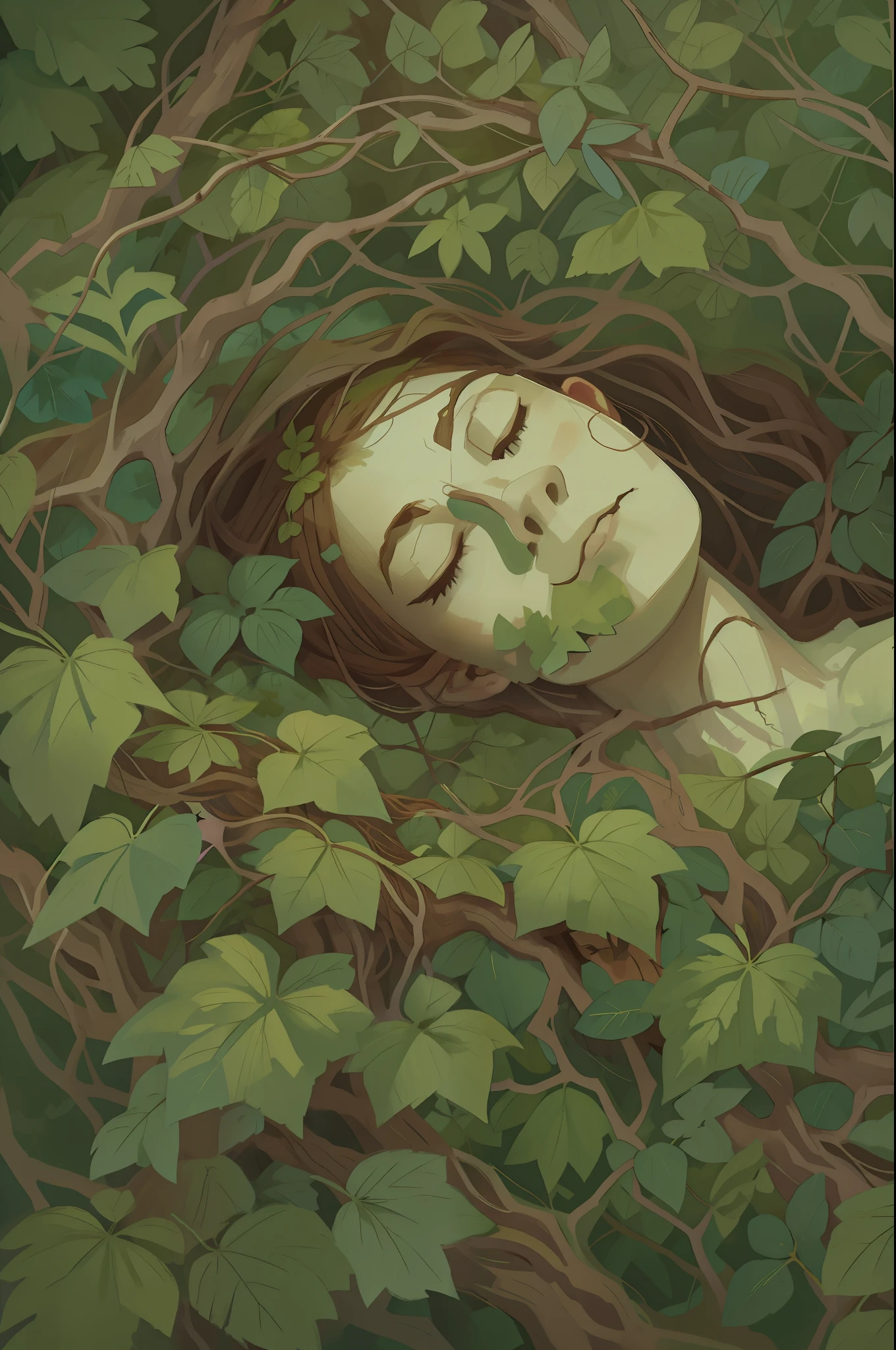 gouache painting portrait of a woman sleeping among leaves, branches and flowers, full body:1.5, laying on the forest ground, high quality portrait, aesthetic portrait, poison ivy, envolved in roots, branches and foliage, solo:1.5, realistic natural skin, professional retouch, beautiful highly symmetric, misterious ambience, in RootsBranchesAI style, ZaUm, elysiumChar, 1girl, background with roots and branches