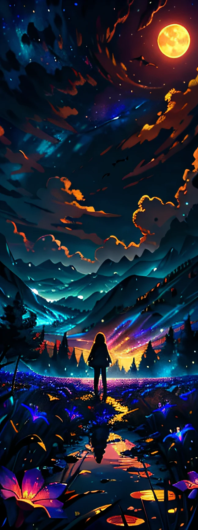 expansive landscape photograph , (a view from below that shows sky above and open field below), a girl standing on flower field looking up, (full moon:1.2), ( shooting stars:0.9), (nebula:1.3), distant mountain, tree BREAK
production art, (warm light source:1.2), (Firefly:1.2), lamp, lot of purple and orange, intricate details, volumetric lighting BREAK
(masterpiece:1.2), (best quality), 4k, ultra-detailed, (dynamic composition:1.4), highly detailed, colorful details,( iridescent colors:1.2), (glowing lighting, atmospheric lighting), dreamy, magical, (solo:1.2)