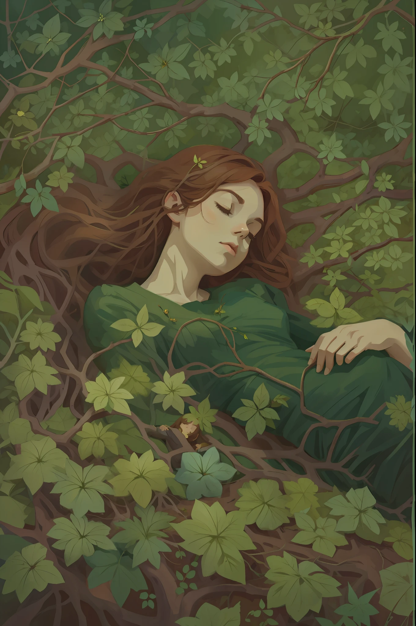 gouache painting portrait of a woman sleeping among leaves, branches and flowers, full body:1.5, laying on the forest ground, high quality portrait, aesthetic portrait, poison ivy, envolved in roots, branches and foliage, solo:1.5, realistic natural skin, professional retouch, beautiful highly symmetric, misterious ambience, in RootsBranchesAI style, ZaUm, elysiumChar, 1girl, background with roots and branches