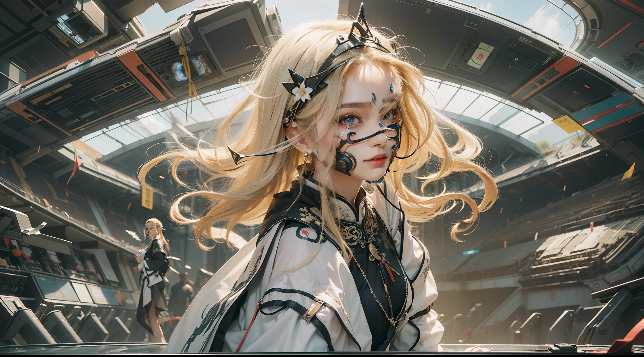 ，Wide shot, From above, up-close, Ultra-wide angle, Wide-angle, Sony FE GM，one-girl，Crazy pose，Crazy tension，Cinematic light,Gorgeous background，Colorful background，grin，（（cyber punk style，machine arm，Hologram aura，Surreal Science Fiction Art，Future Science Fiction Aesthetics）），（1 girl solo）， （full body shot shot）， （Determined eyes），（Ancient Chinese clothes，White cheongsam，Embroidered collar Uesugi，White large-sleeved shirt，Streamers），（Hairpins，cabelos preto e longos， arma），（Hanfu），(Clear facial features，detailed skin textures，beauitful face）， 耳Nipple Ring，Yellow skin，（tmasterpiece，top Quority，best qualtiy），（（（flatcolors））），