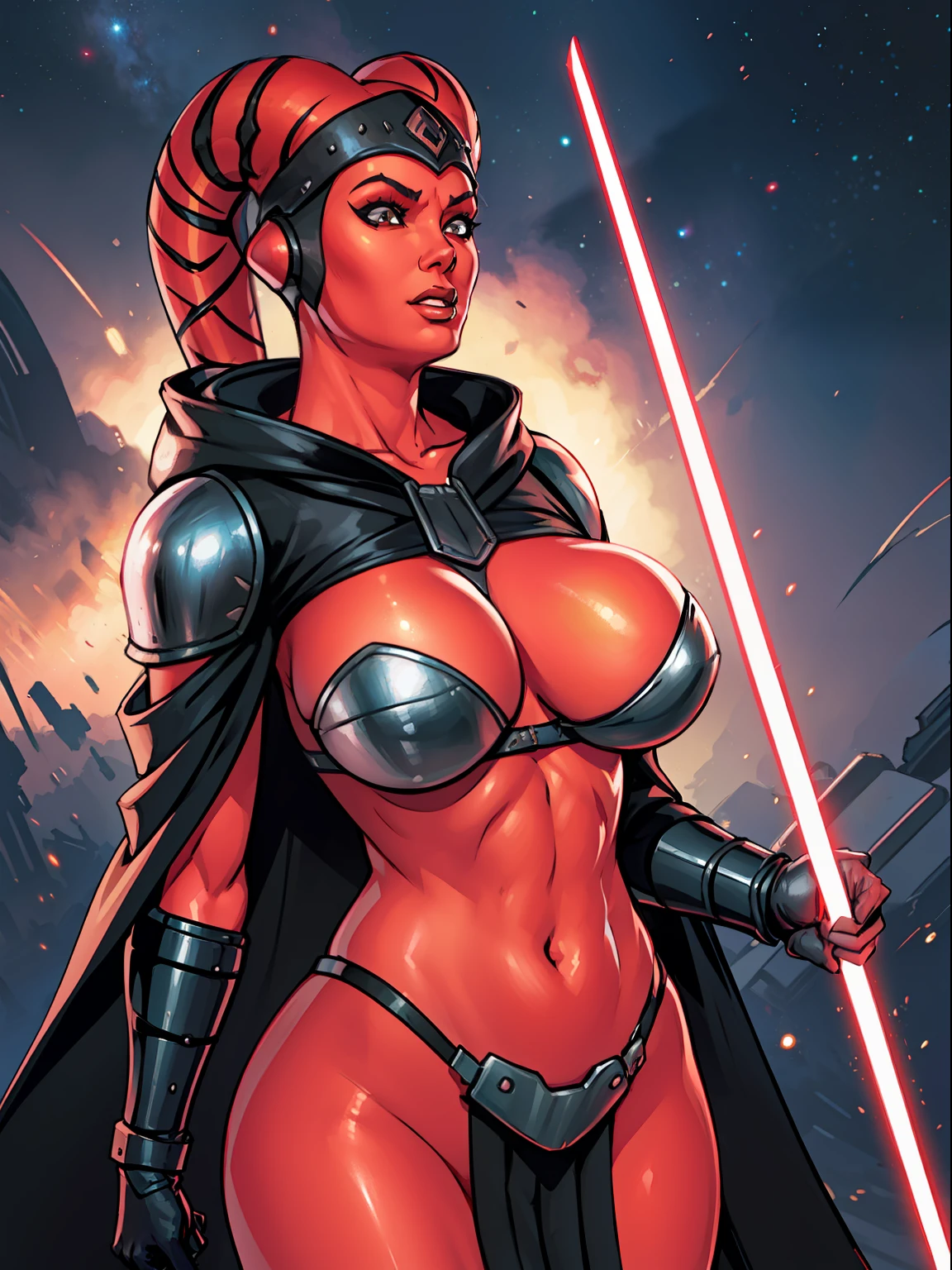 busty, ((red skin), twi'lek), dual red lightsabers, evil space knight, space ninja, ((((elegant black robes))), tunic, tabard, cowl, cloak, body glove, straps, buckles, skirts, long sleeves, fantasy, ((armor))), ((busty), slender body, thin, slim sexy body, slim waist, ((gigantic breasts))), Imperial starship, Star Wars,