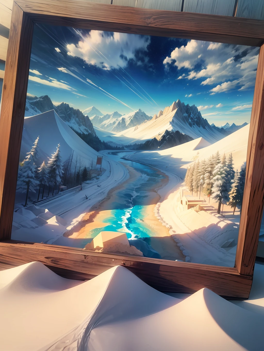 Winter,(Sandbox:1.4),cinematic angle,(Sun, white clouds, mountains, forests, rivers),(paper art,Quilted paper art,geomerty),(extremely colorful, Best quality, Detailed details, Masterpiece, offcial art, movie light effect, 4K, Chiaroscuro)