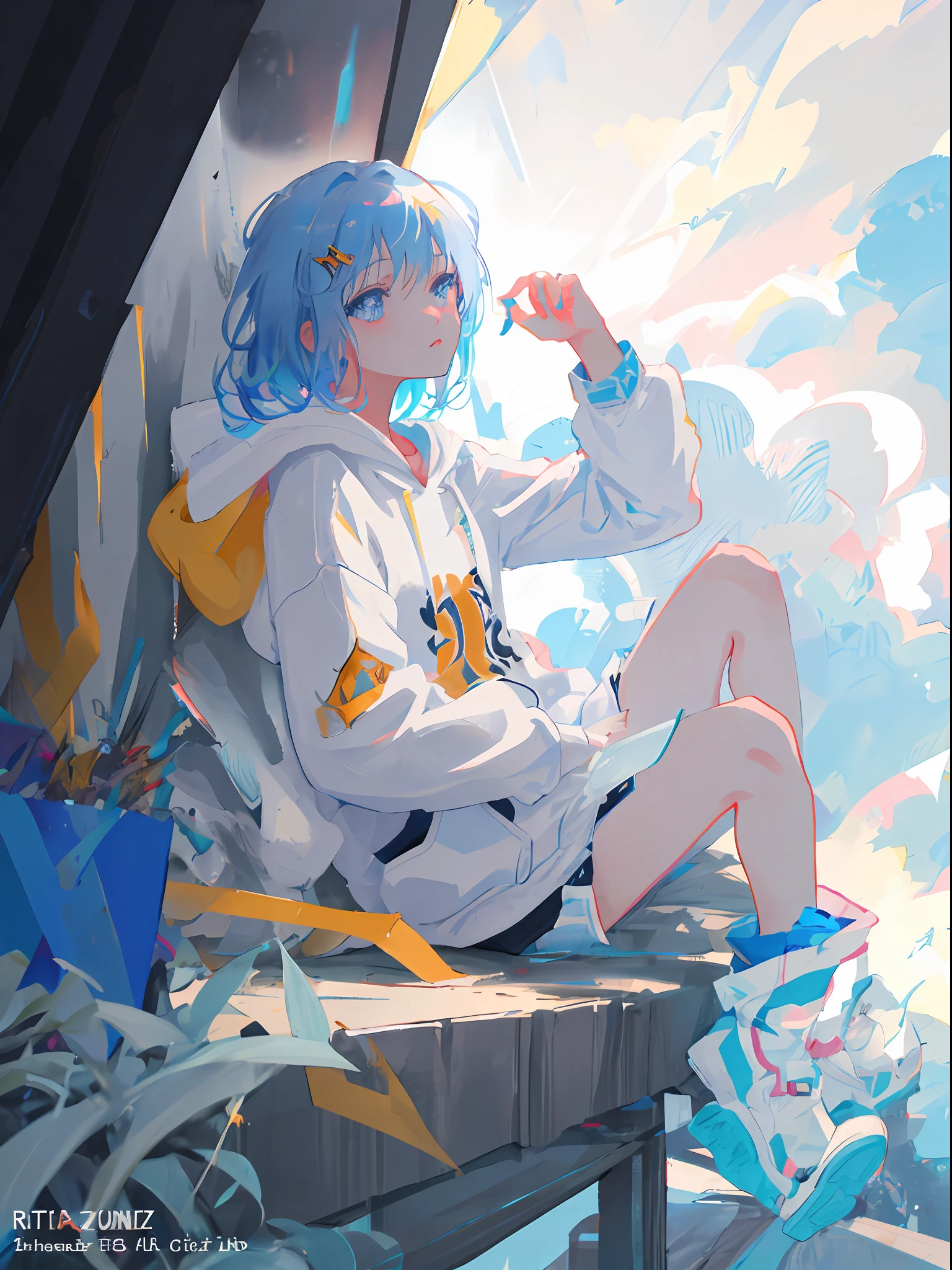 Anime girl with white hoodie and blue eyes in the rain, Guviz-style artwork, Guviz, wearing a hoody, Guweiz in Pixiv ArtStation, Detailed digital anime art, Guweiz on ArtStation Pixiv, nagito komaeda, From Arknights, Girl with white hair, Digital anime illustration