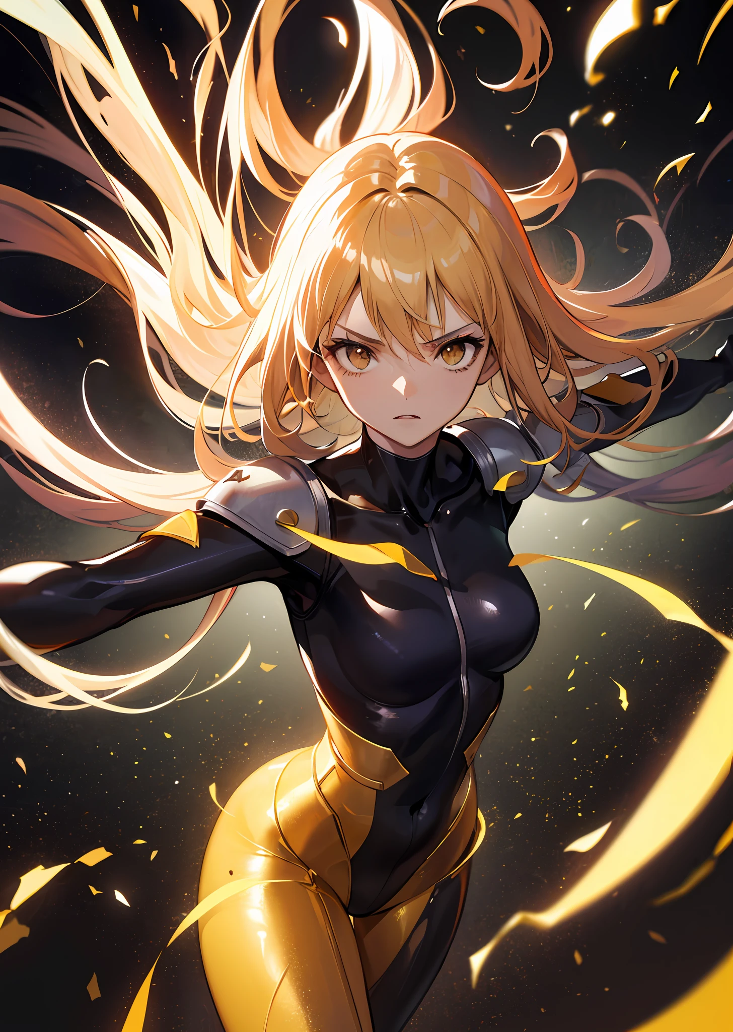 (masutepiece), Best Quality, High resolution, Ultra-detailed, Vivid texture, Stand up to the powerful, A tight bodysuit that emphasizes her gorgeous figure, Dynamic lighting, golden colored/Black contrast, cinematic view, intense emotion, Immersive experience, timeless beauty, Breathtaking.
