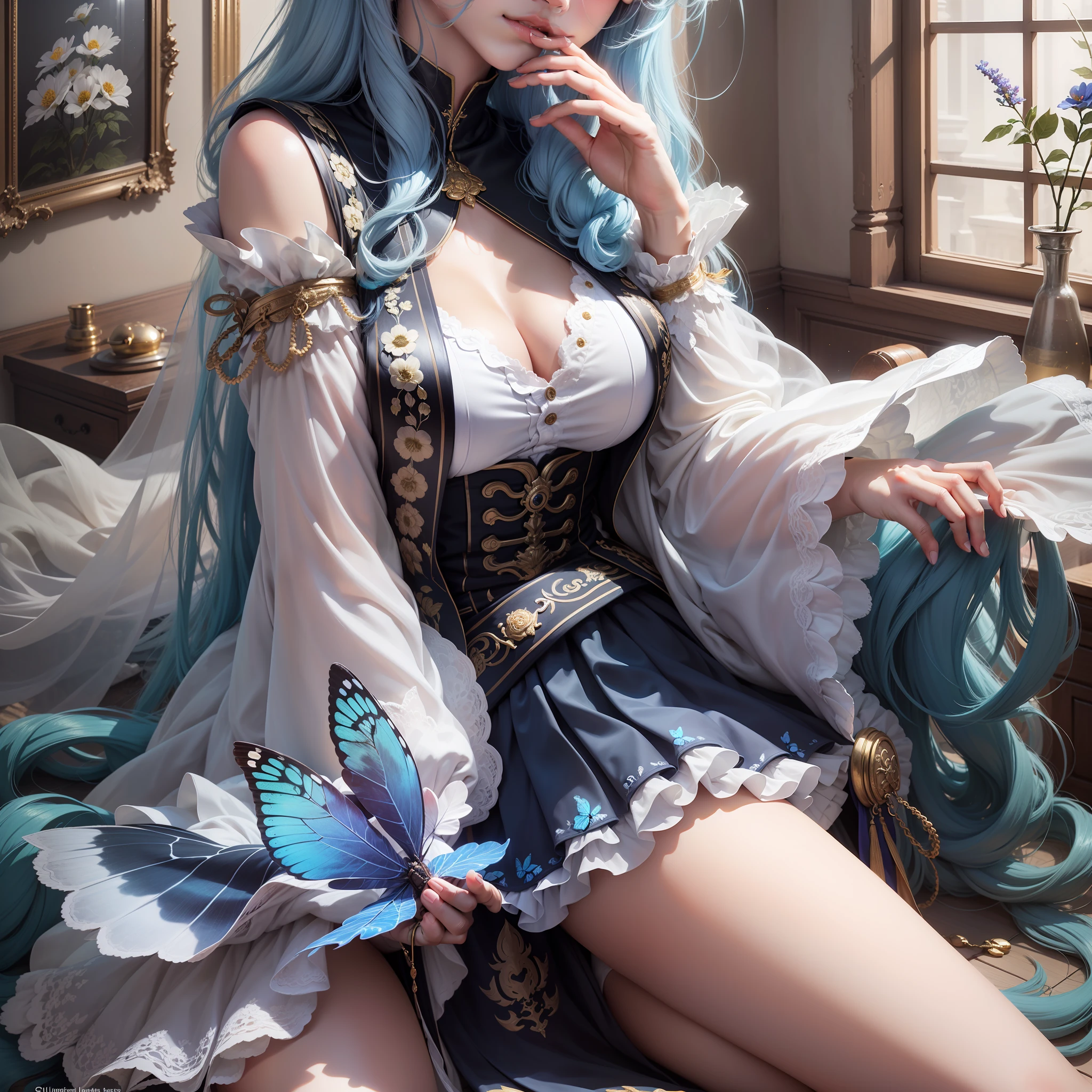 (Overlooking),dynamic angle,Super meticulous,illustratio,closeup cleavage,Looking directly at,1girl,(fanciful:1.4),(gold eyes:1.233),His eyes shone like dreamy stars,(glowing light eyes:1.233) ,(美丽细致的眼睛:1.1),(silber hair:1.14),(messy  hair,Very long hair,Chinese braids,Hair between both eyes,Lateral hair),(+(Blue hair flowers:1.14)),(White color blouse,Uniform blue flower pattern)/=(army suit:1.24),(Separate sleeves,Wide sleeves),(Fingerless gloves),choker,(miko thighhighs),leather shoes,(face expressionless,Keep one's mouth shut),(standing on your feet), (Classical palace with dressing table, floor-to-ceiling windows, white ancient palace),(flor branca,full bloom),(abyssal),(flowingwater),(Dark Blue World Tree:1.14),(废墟),(natta:1.2 ),dreamy,soul,(fluorescent),(Flying translucent blue butterfly:1.15),[[Delicate fingers and hands:0.55]::0.85],(Finger details),(yubao:0.5),