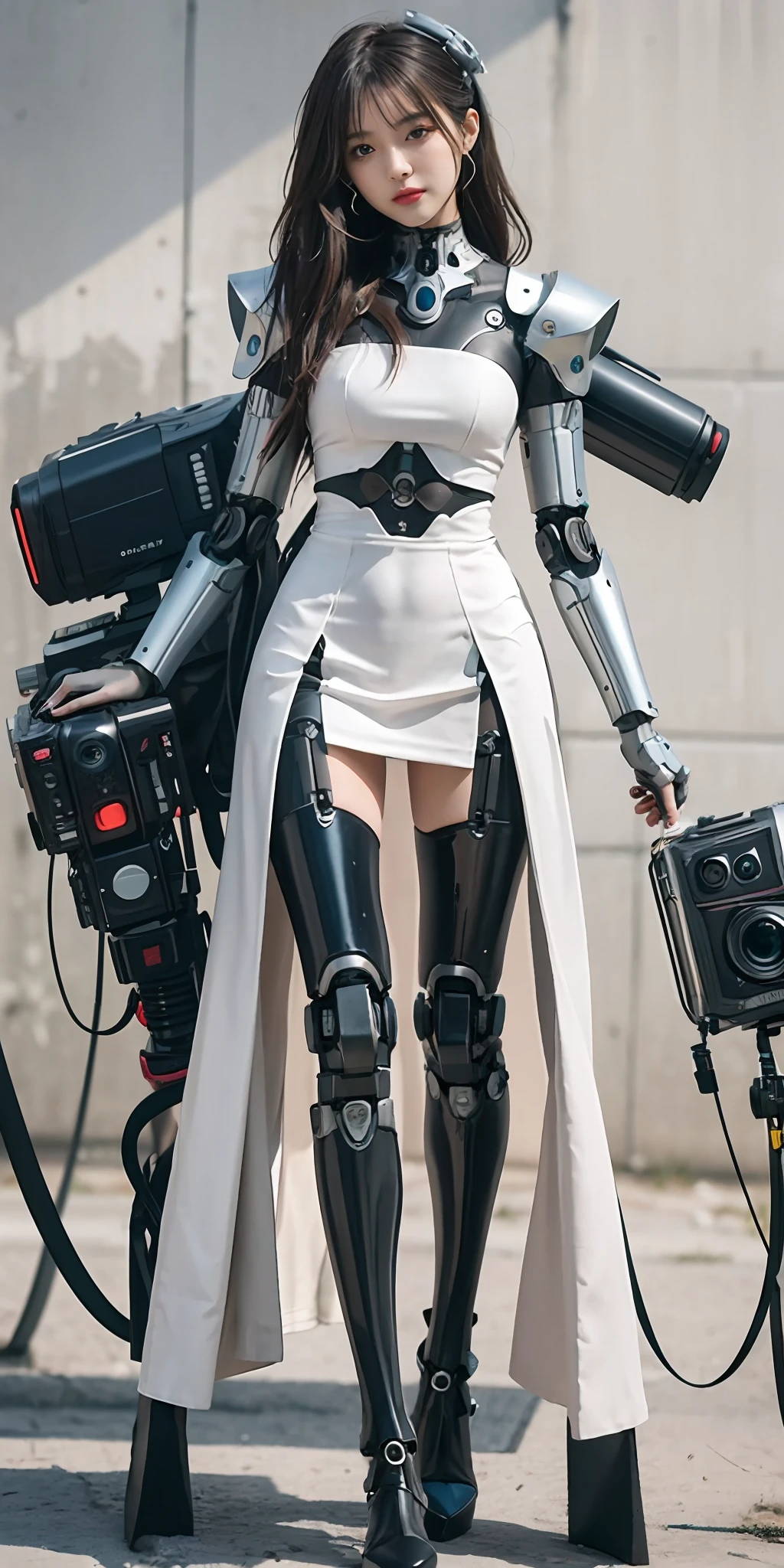 A woman in a white dress holds a camera and a camera, girl wearing robotic suit, cyberpunk anime girl mech, fashionable cyberpunk mechanoid, wearing techwear and armor, perfect anime cyborg woman, girl in mecha cyber armor, porcelain cyborg armor, Mechanized Valkyrie girl, anime robotic mixed with organic, Fully robotic!! Girl, female cyberpunk anime girl, cyborg - girl