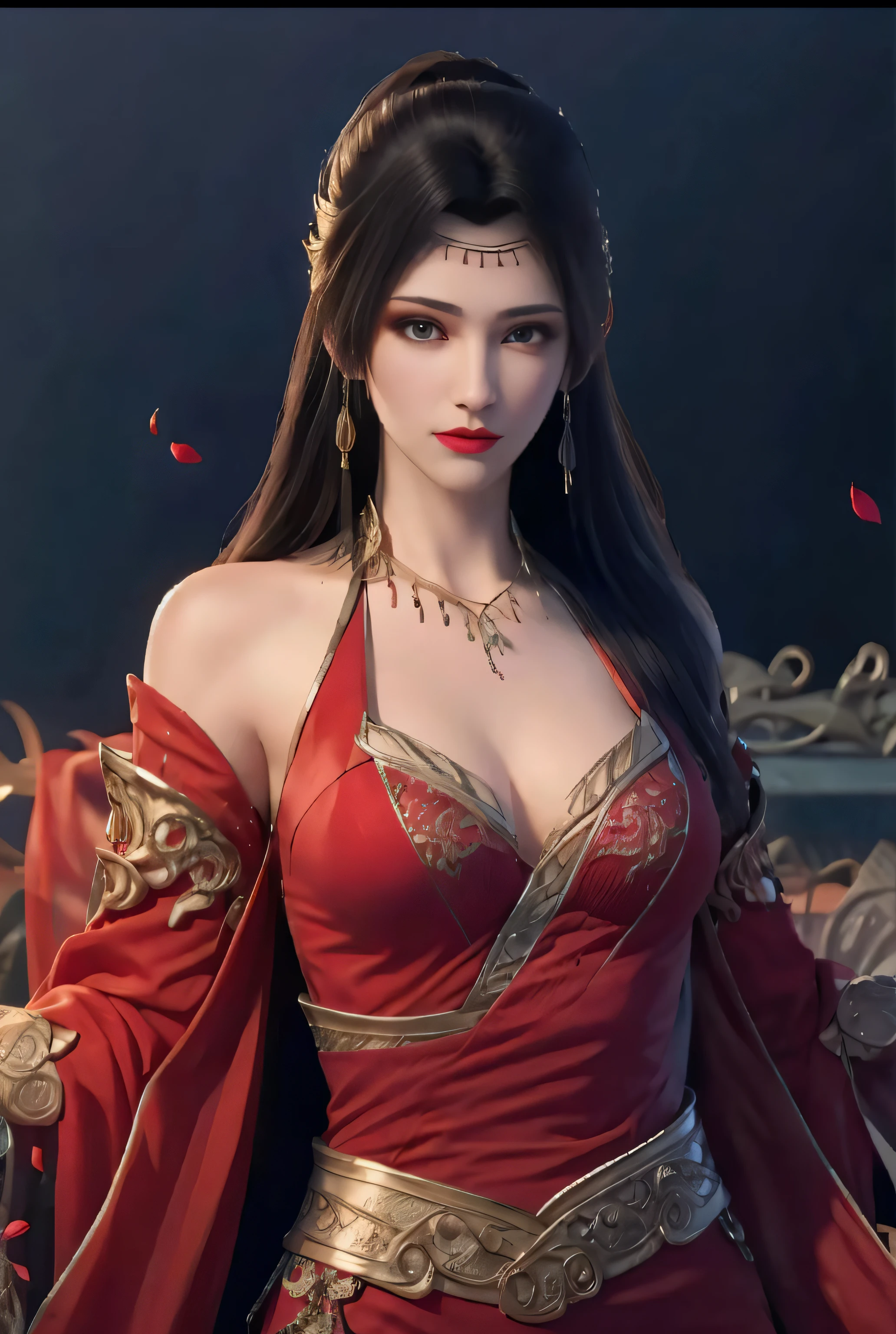 Mature girl , black hair, floating hair, delicate and smart eyes, starry pupils, intricate damask hanfu, gorgeous accessories, wearing pearl earrings, FOV, f1.8, masterpiece, complex scene, flower petals flying, front portrait shot, Chang'e