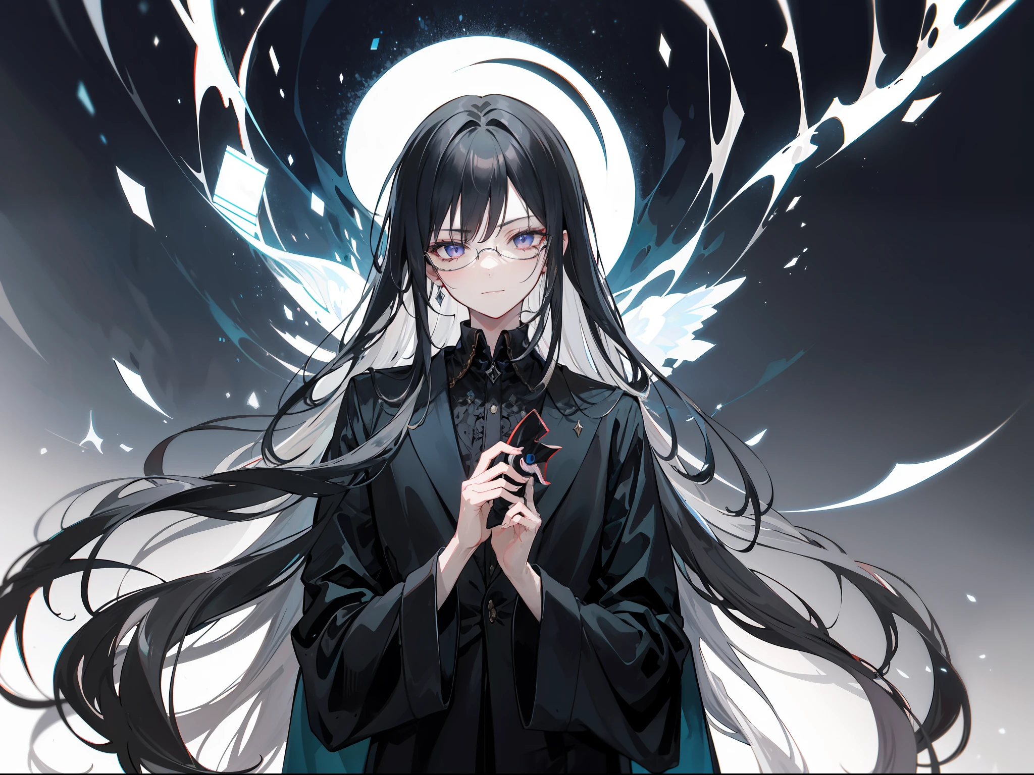 Draw the enigmatic character of Aldrian, the Maker of Legendary Dolls, whose appearance is captivatingly mysterious. He have evil smile and long black hair. He is adorned in a long, flowing black suit cloak that exudes an air of darkness surrounding him. His black tinted glasses enhance the visual allure and add an extra touch of enigma. In the illustration, Aldrian can be seen holding a living doll in one hand, asserting his fearsome abilities. The background could be a dark environment filled with dolls he has transformed in the past, creating an atmosphere that is both mysterious and profound. Furthermore, portray his facial expression with ambiguity, reflecting the inner conflict and remorse that envelopes this tragic figure. With your artistic flair, depict Aldrian with intricate details and creativity to evoke curiosity and spark the imagination of the viewers.