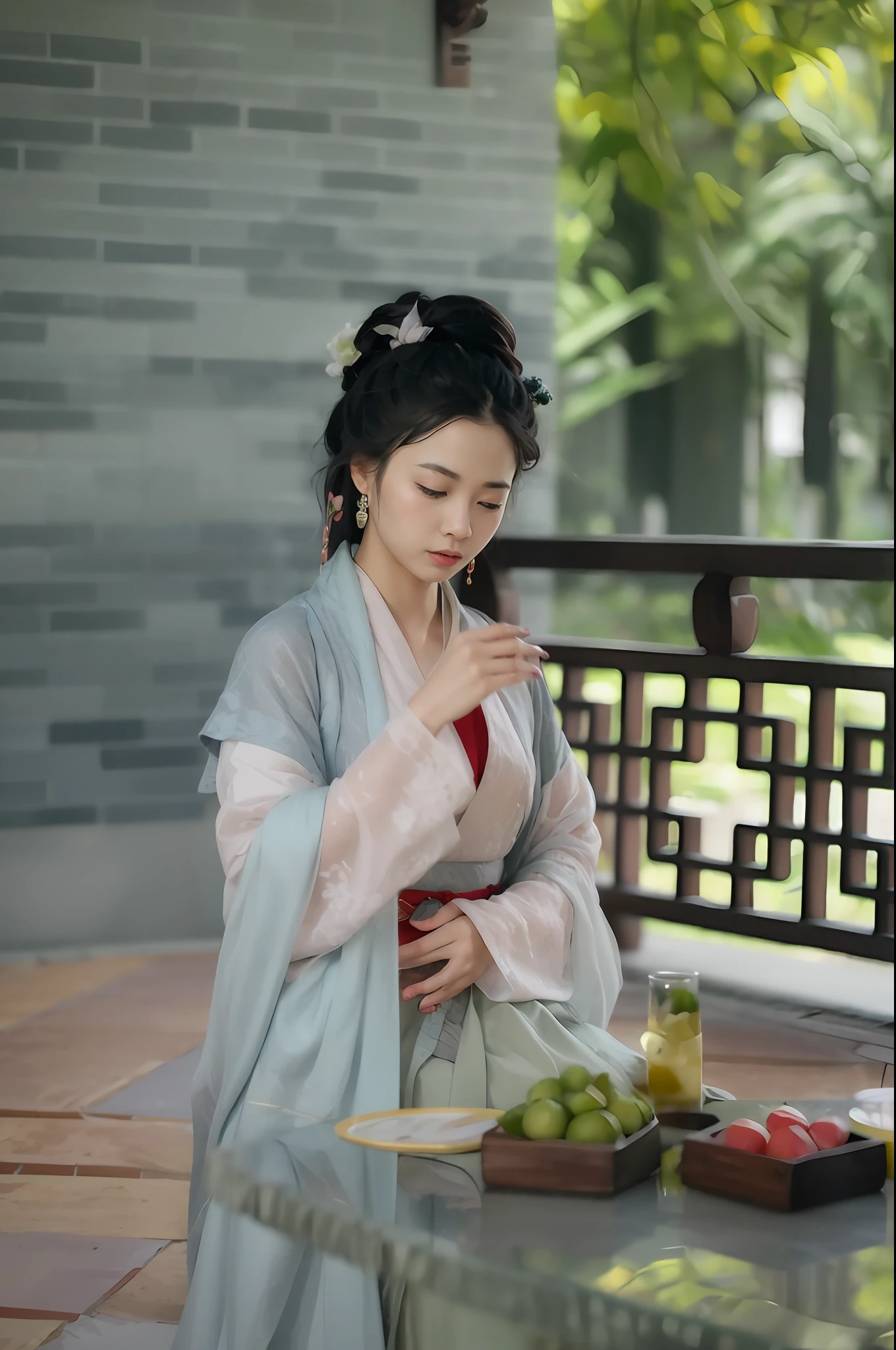 A woman in traditional dress sits at a table,Drinking fruit and drinks, Hanfu, Palace , A girl in Hanfu, Wearing ancient Chinese clothes, White Hanfu, inspired by Gu An, Traditional Chinese clothing, inspired by Tang Yin, with acient chinese clothes, Inspired by Qiu Ying, Chinese woman, Chinese costume, inspired by Zhang Yin, classical robes