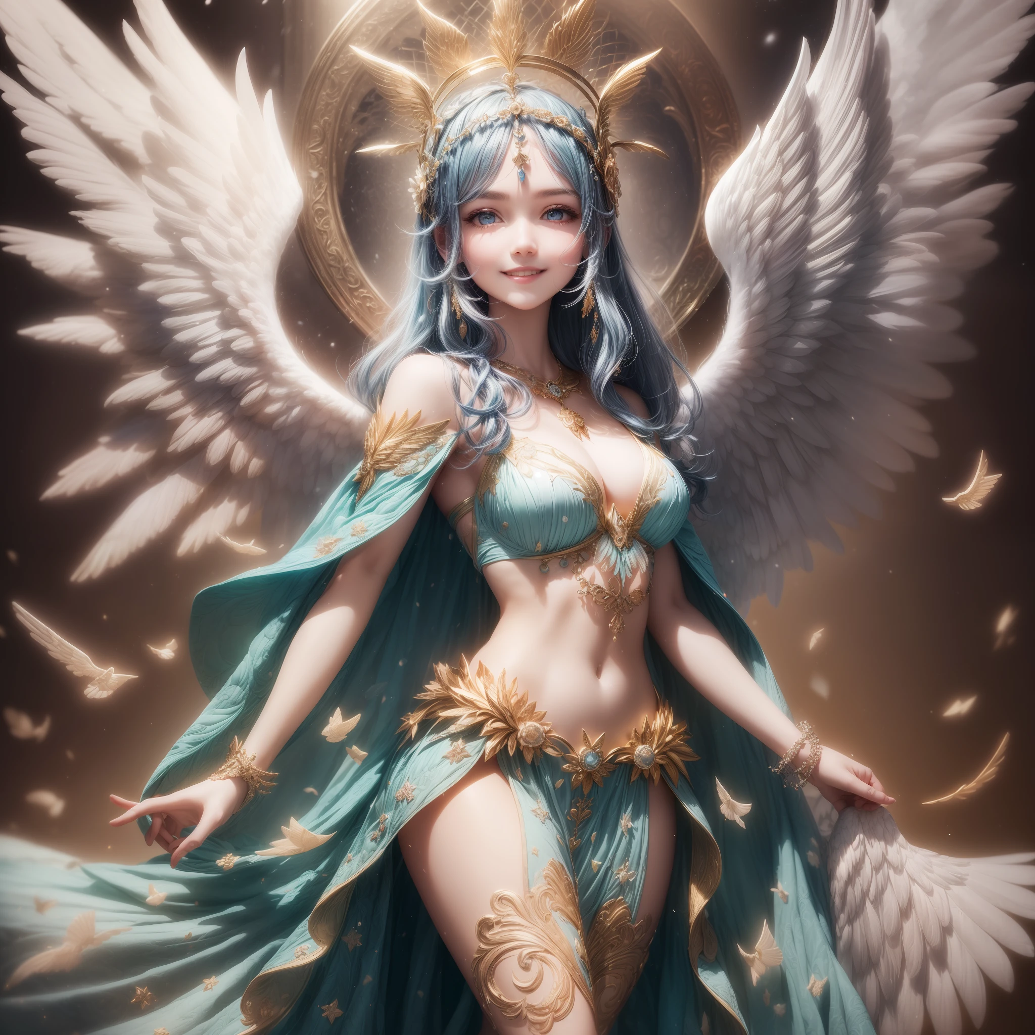 (full-body shot:1.4), White background, (1 angel girl,shining wings, halo, exquisite headdress, smile), (paper art, Quilted paper art, geomerty), (extremely colorful, Best quality, Detailed details, Masterpiece, offcial art, movie light effect, 4K, Chiaroscuro) ,Winter
