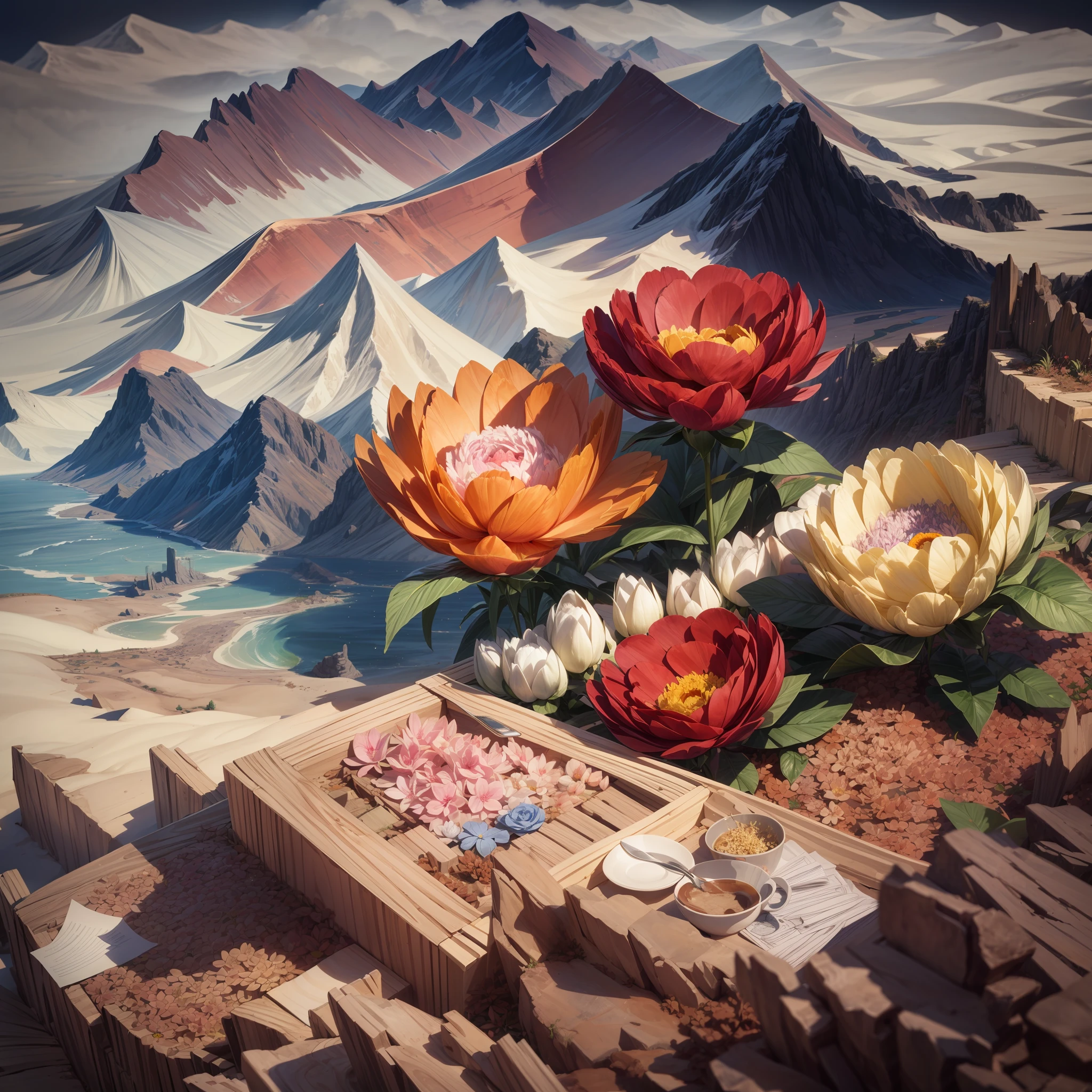 (Sandbox:1.4),cinematic angle,(Sun, white clouds, mountains, forests, rivers),(paper art,Quilted paper art,geomerty),(extremely colorful, Best quality, Detailed details, Masterpiece, offcial art, movie light effect, 4K, Chiaroscuro)，玫瑰roses，桃花peach blossoms，牡丹peonies，郁金香tuli，