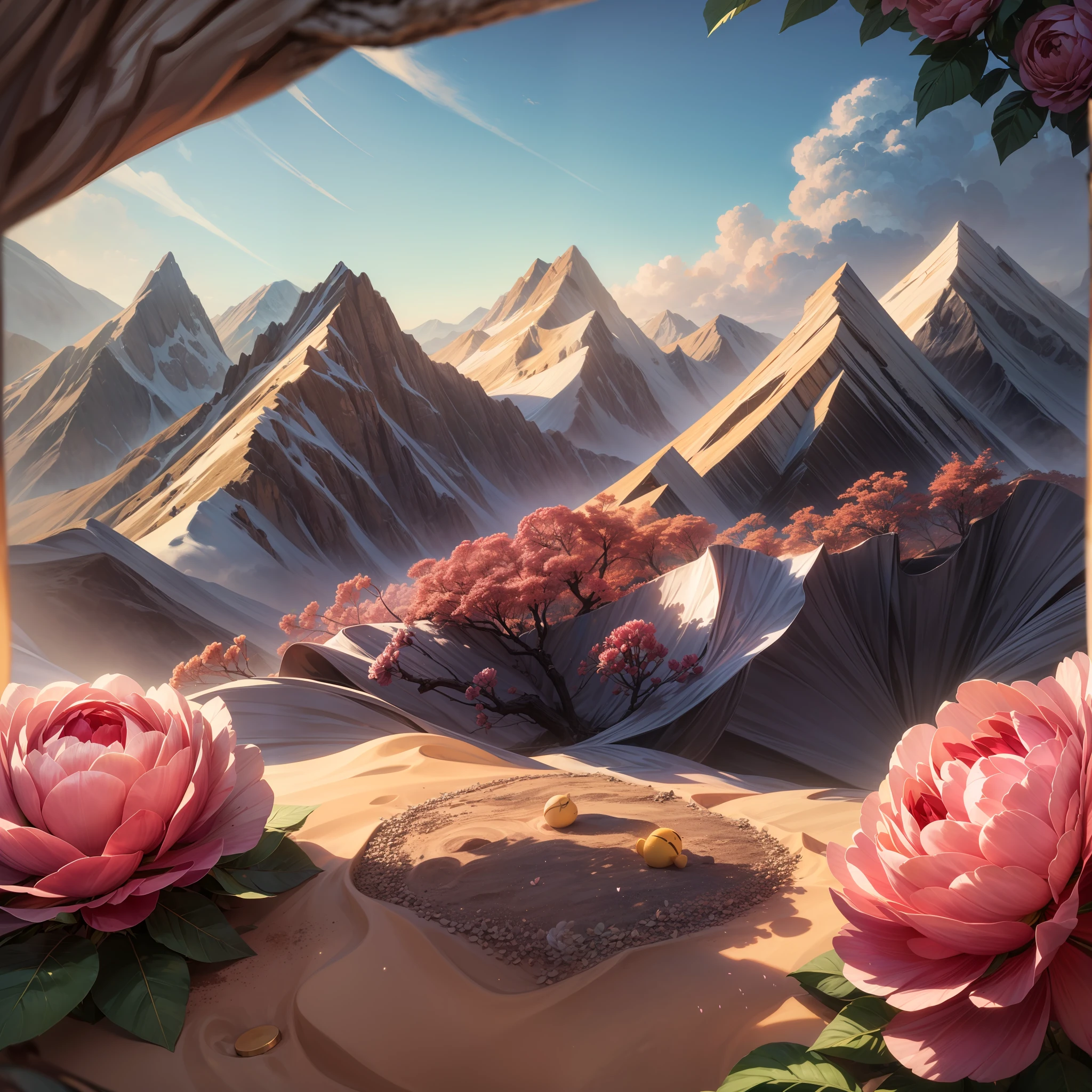 (Sandbox:1.4),cinematic angle,(Sun, white clouds, mountains, forests, rivers),(paper art,Quilted paper art,geomerty),(extremely colorful, Best quality, Detailed details, Masterpiece, offcial art, movie light effect, 4K, Chiaroscuro)，玫瑰roses，桃花peach blossoms，牡丹peonies，郁金香tuli，
