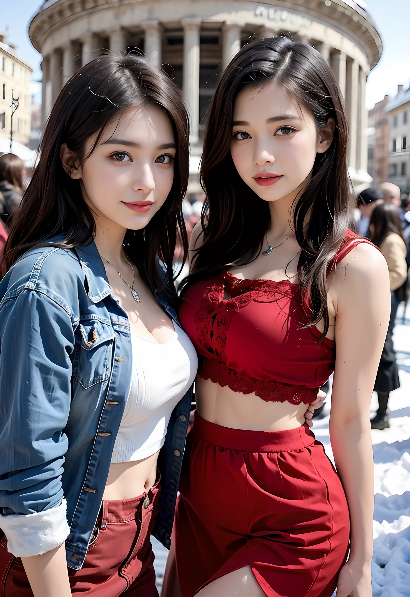 Best quality, Miniskirt, Smile, Red eyes, colorful top, , (8K, Best quality, 巨作:1.2), (Realistic, photo-realistic:1.37), Ultra-detailed, full body, tiny small waist, (2girls,duo,winter,snowy),kawaii,Beautiful detailed sky,(crowd),Night,Sitting,dated,(nose blush),(Smile:1.15),(grin),cleavage, Beautiful detailed eyes,(Collared shirt:1.1), Night,NovaFrogStyle, Cyber, future,(mezzy hair),(Full body shot),