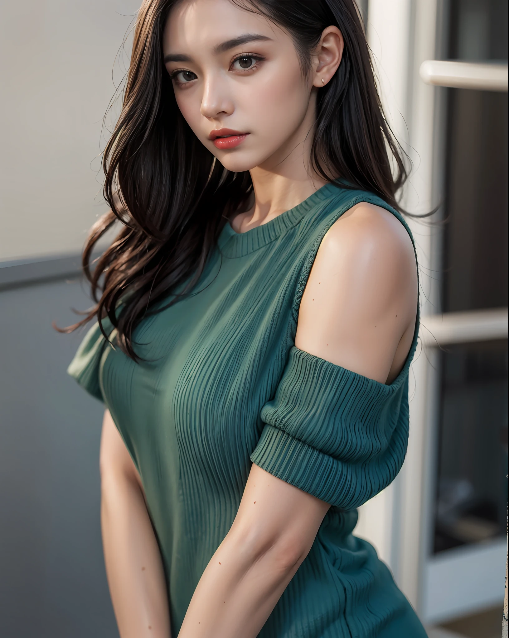 Set the resolution to UHD with Ultra Realistic 16K image quality. Apply RAW Photography techniques with a realism. Ultra-fine details that cannot be seen on the retina. vector images., break, solo:1.4, Correct to detailed connection angles for perfect anatomy ((four fingers and thumb)):1.1. Emphasize the ((jelly-like fresh)) and natural gleaming faint lips (1.4).,break, solo:2, Ensure perfect connecting clothes, detailed clothes, an elegant and clean look, and a perfect body style ., break, , Highlight the model's stunning large (brown aqua eyes) (1.3), optionally include beautiful, detailed, jelly-like, very heavy, soft C-cup sized breasts with subtle drooping, and a detailed medium-sized rear (1.2)., plus size:0.4, break, Emphasize the beautiful medium bob hairstyle (1.4) and achieve highly beautiful, pearl-like, natural, radiant shiny skin (2).,(refrain from exposing your skin)1.4. (Centered image)1.3, break,solo:1.4, The outfit aligned with the theme: Embrace the summer office casual style with an alluring off-shoulder sweater mini dress in a chic neutral tone. The dress features a flattering silhouette, perfect for exuding confidence and style in the office. 
, break,
The model's makeup and hairstyle to match: Achieve a fresh and polished look with natural makeup, focusing on soft eyeshadows and a lip color. Style the hair in a sleek low ponytail, adding a touch of sophistication and elegance to complement the outfit. 
, break,
Elements aligned with the theme: Mid shot, confident pose, sophisticated style, modern office setting, model's confident gaze, natural lighting, sunny daytime, urban landscape.