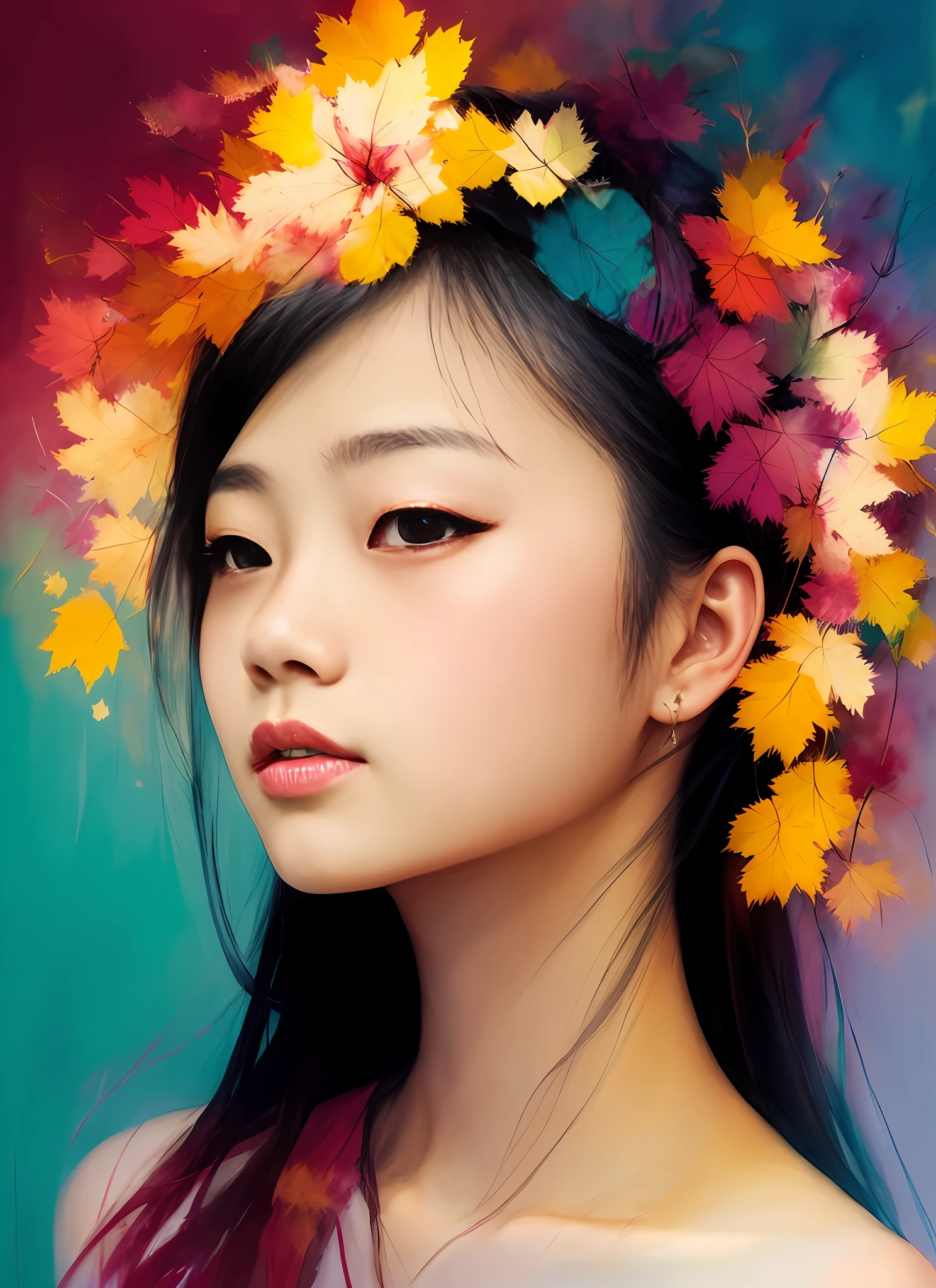 An Asian girl by Agnes Cecile,Luminous design,pastelcolor,Ink drops,Autumn lights