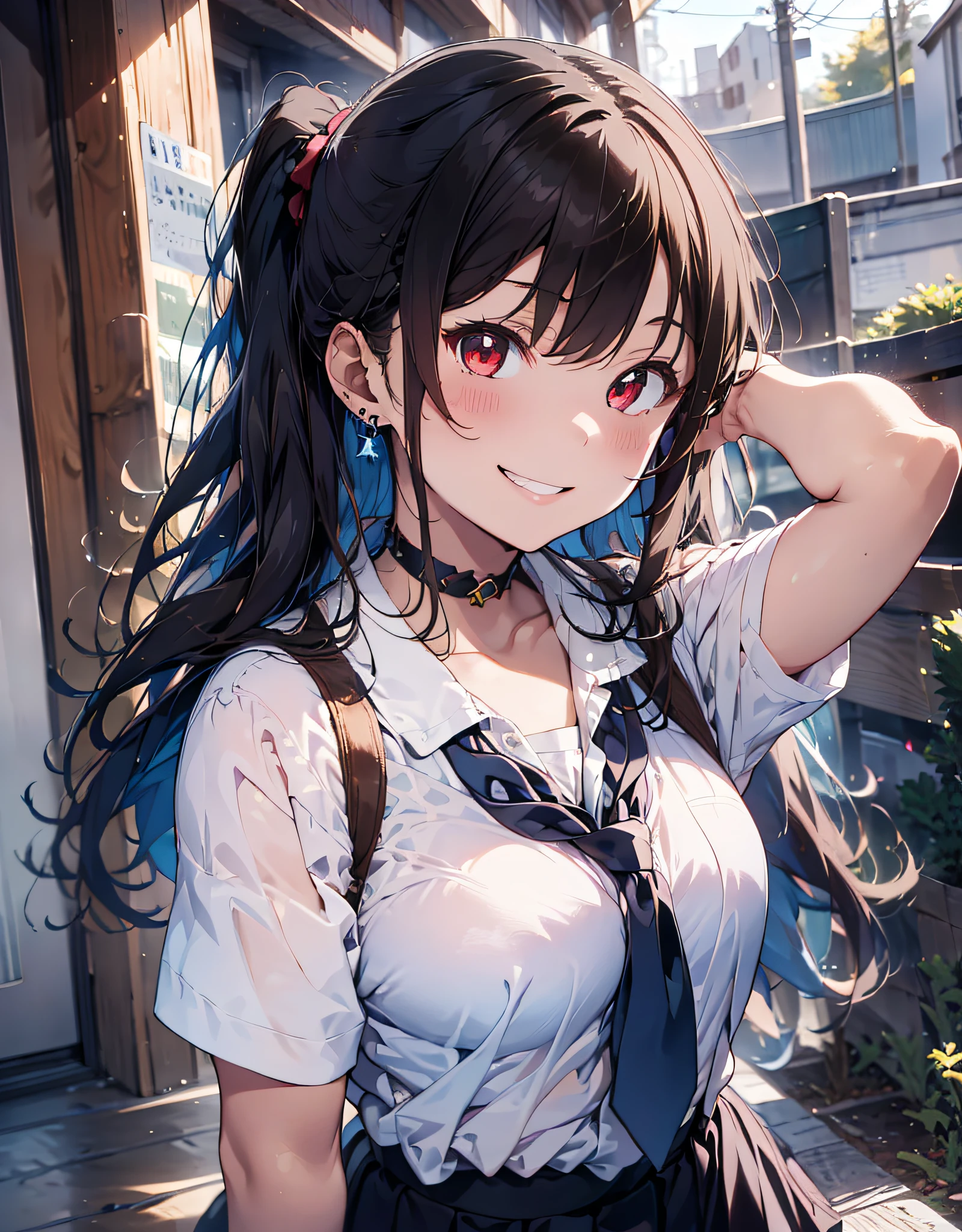 masterpiece, best quality, highres, Japanese school girl, 1girl, brown hair, long hair, multicolored hair, pony-tail hair style, red eyes, jewelry, earrings, piercing, school uniform, white shirt, tied shirt, black choker, blue necktie, plaid skirt, grin, smile, standing, cowboy shot, outdoors, arms behind back, hands behind on hip, detailed human hands, HDTV:1.2, school room background,