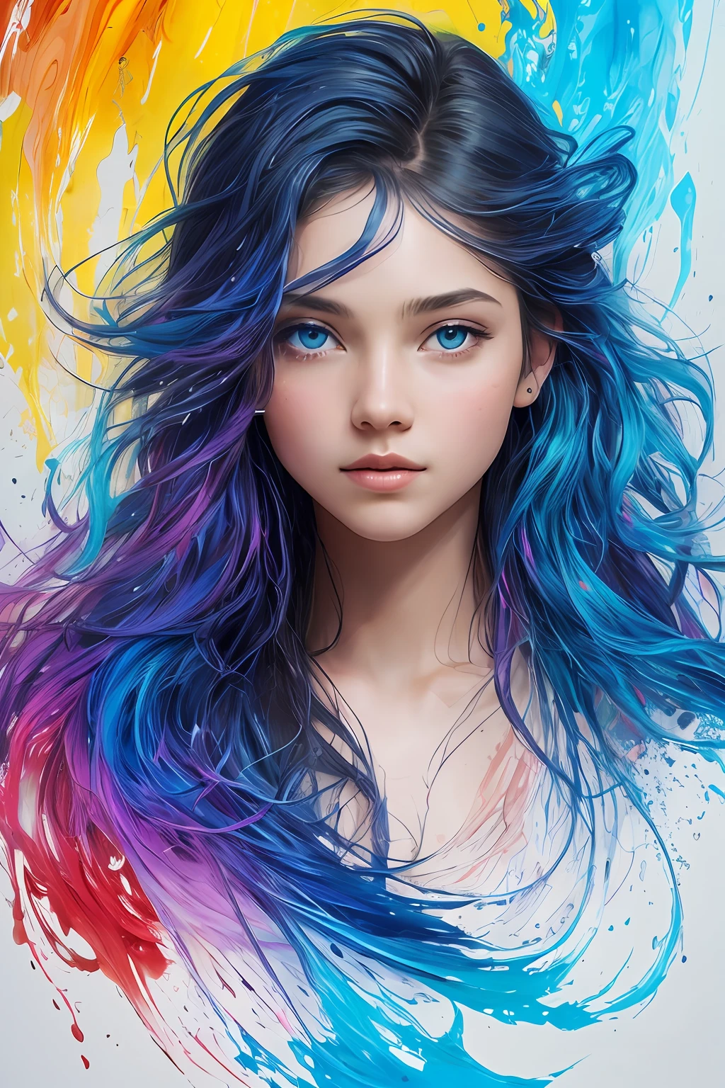 Colorful beautiful girl: a giru 8-years old, messy hair, oil painting, nice perfect face with soft skinice perfect face, blue yellow colors, light purple and violet additions, light red additions, intricate detail, splash screen, 8k resolution, masterpiece, cute face,artstation digital painting smooth veryBlack ink flow: 8k resolution photorealistic masterpiece: intricately detailed fluid gouache painting: by Jean Baptiste Mongue: calligraphy: acrylic: watercolor art, professional photography, natural lighting, volumetric lighting maximalist photoillustration: by marton bobzert:, complex, elegant, expansive, fantastical,  wavy hair, vibrant