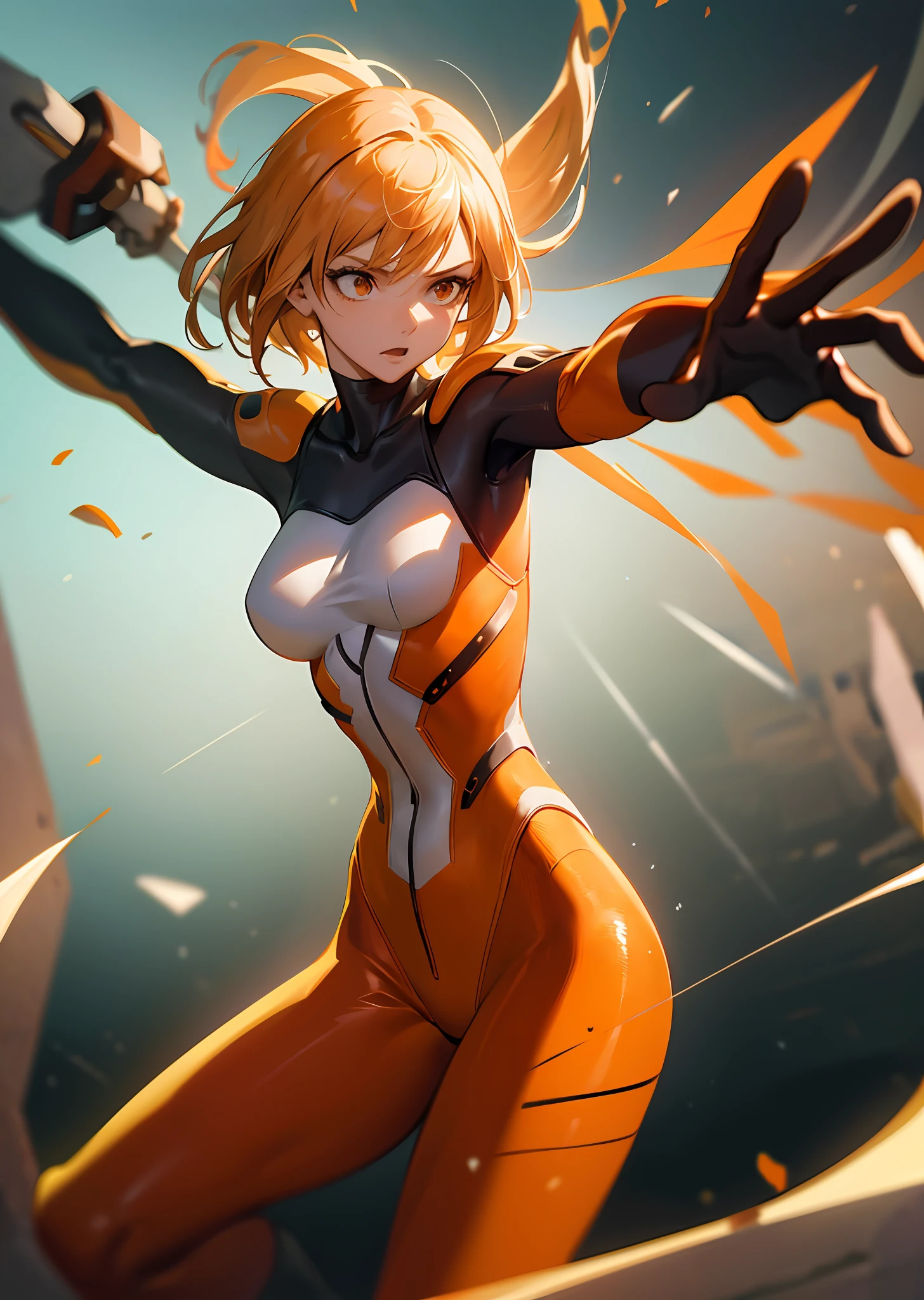 (masutepiece), Best Quality, High resolution, Ultra-detailed, Vivid texture, Stand up to the powerful, A tight bodysuit that emphasizes her gorgeous figure, Dynamic lighting, orange colors/White contrast, cinematic view, intense emotion, Immersive experience, timeless beauty, Breathtaking.
