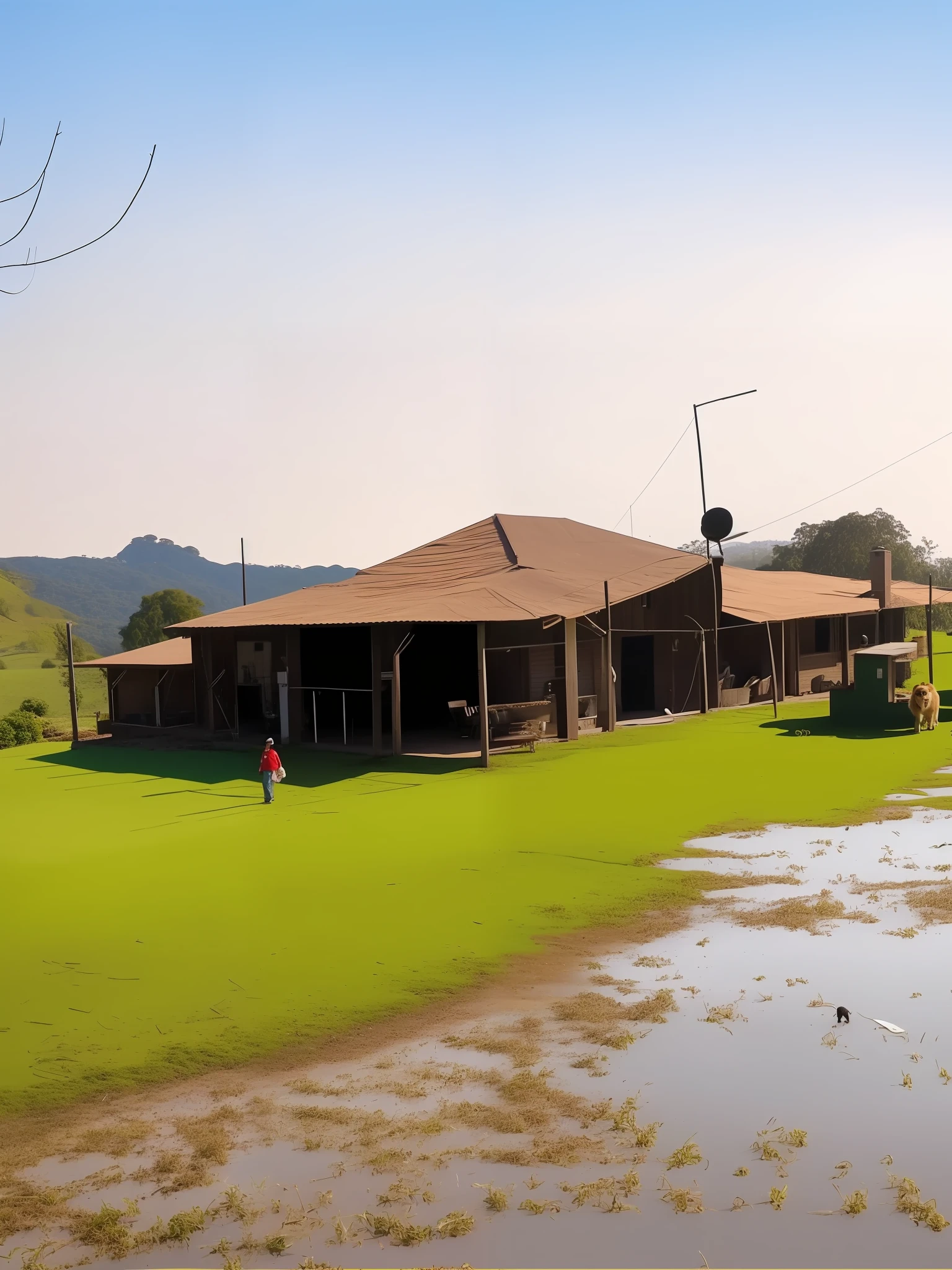 There is a dog that is walking on the grass near a house, Directed by: Willian Murai, Directed by: Samuel Silva, Directed by: CeFerí Olivé, ao lado de uma casa de fazenda e um celeiro, Malika Favre, Quinta, by Rodolfo Amoedo, Casa colonial no fundo, farm land, Directed by: Fernando Gerassi, cabana, Completo - Ver