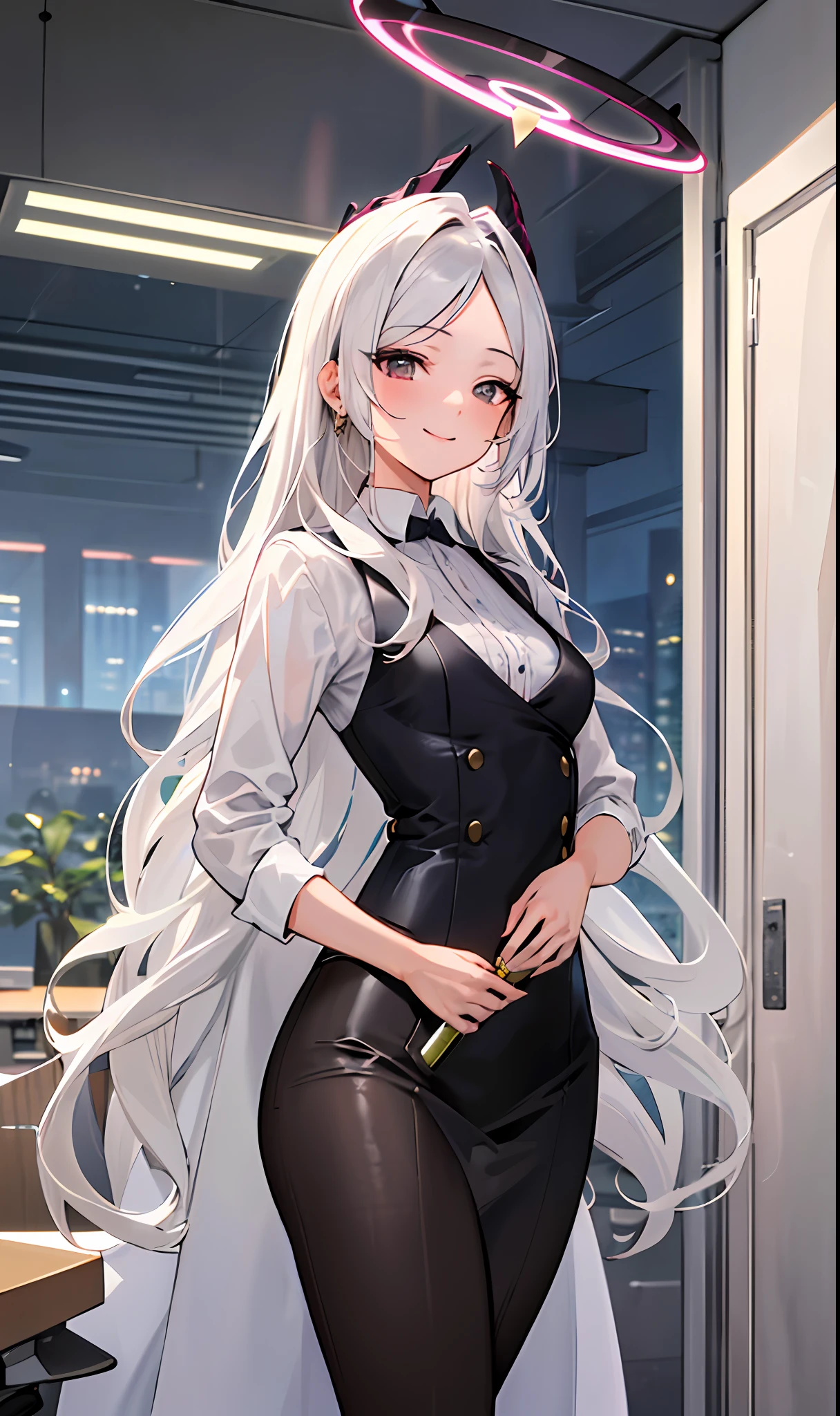 ((masterpiece, best quality)), (1girl),((mature female)), gray hair, halo, horn, ((office lady )),bangs,Small breast,(busty),slim,smile, [wide hips],office,standing,