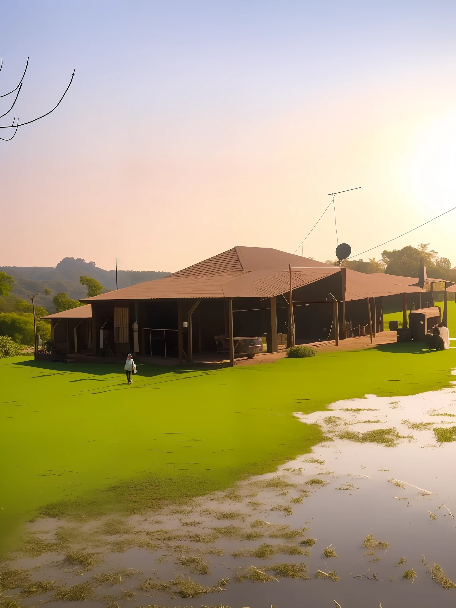 There is a dog that is walking on the grass near a house, Directed by: Willian Murai, Directed by: Samuel Silva, Directed by: CeFerí Olivé, ao lado de uma casa de fazenda e um celeiro, Malika Favre, Quinta, by Rodolfo Amoedo, Casa colonial no fundo, farm land, Directed by: Fernando Gerassi, cabana, Completo - Ver