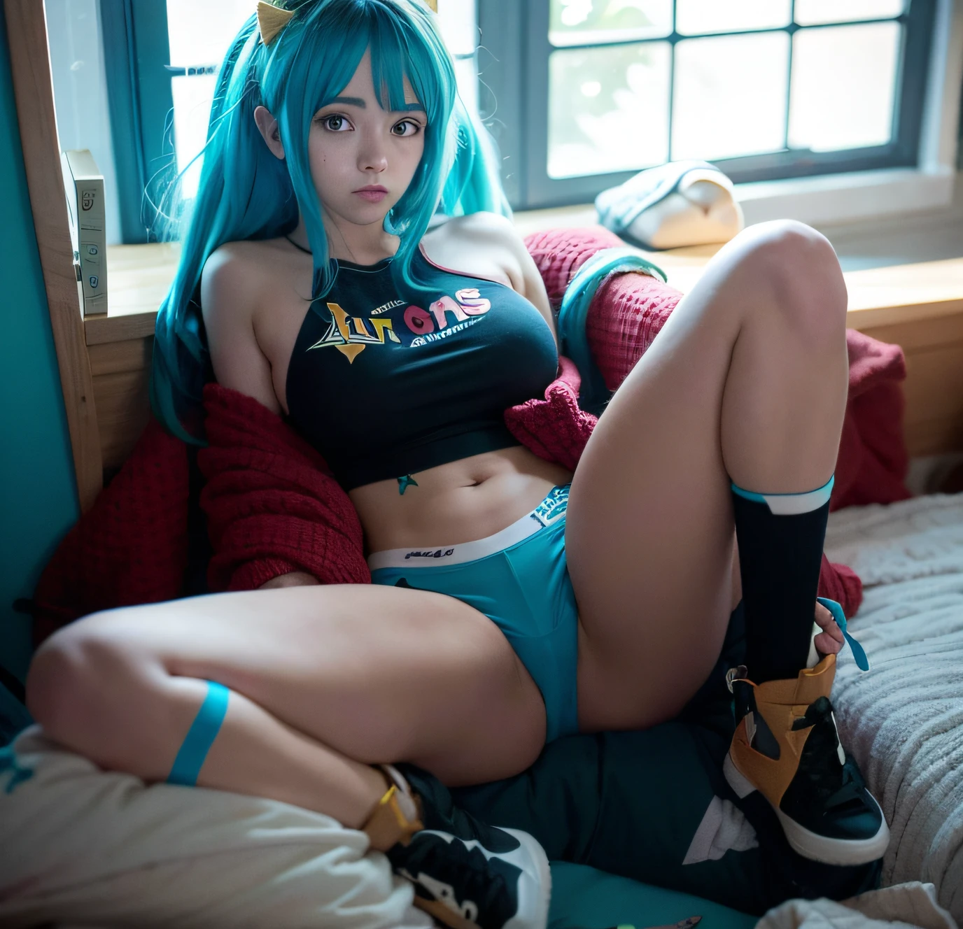  anime com cabelo verde e biquini prateado sentada em uma cama, amigo, salto aldo azul, rosto de americana, musculosa, batom vermelho, olhos verdes, sorrindo, Melhor Avaliado em Pixiv, Mikudayo, menina sedutora, na empresa Pixiv, Hatsune amigo, Popular em Pixiv, Menina animeabelo martelo, Pixiv 3dcg |, [ Arte digital 4K ]!!, Pixiv, sona is a slender, fanart de alta qualidade