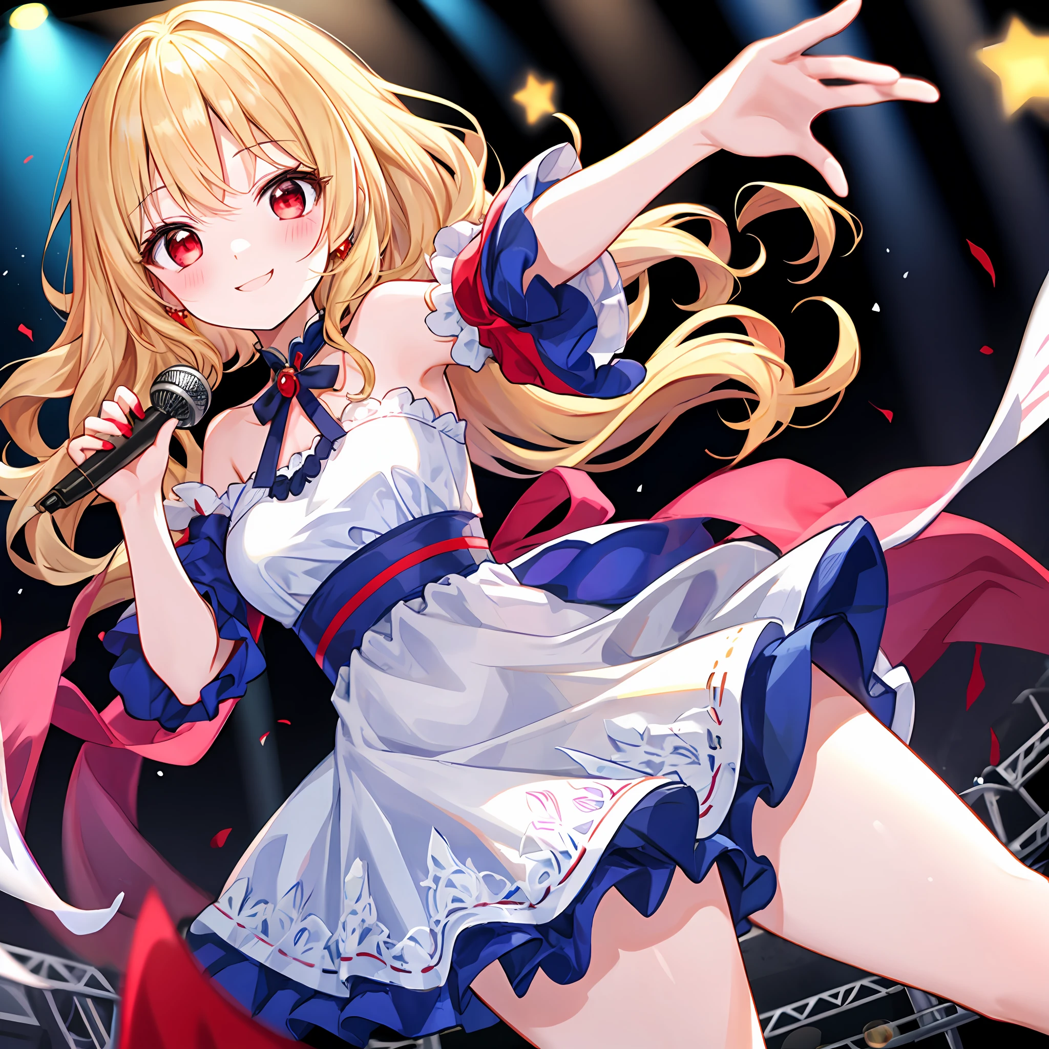 Wavy blonde girl、red eyes、独奏、red blush、a little bit smile、Idol、stage、off shoulders、robe blanche