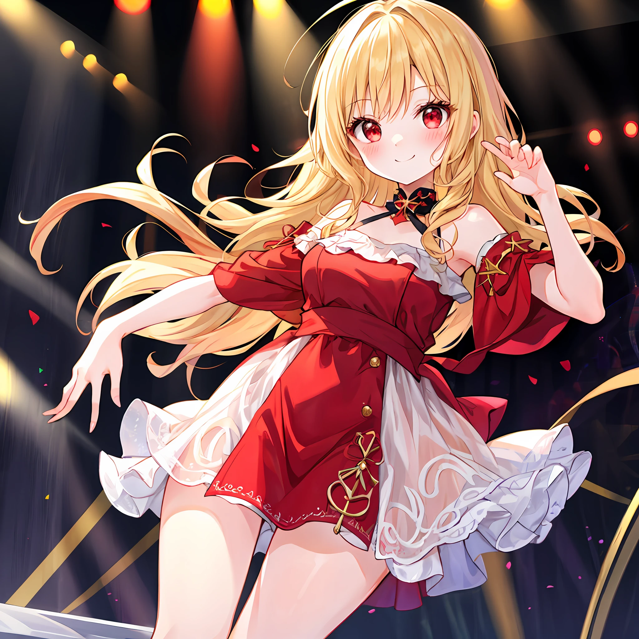 Wavy blonde girl、red eyes、独奏、red blush、a little bit smile、Idol、stage、off shoulders、robe blanche