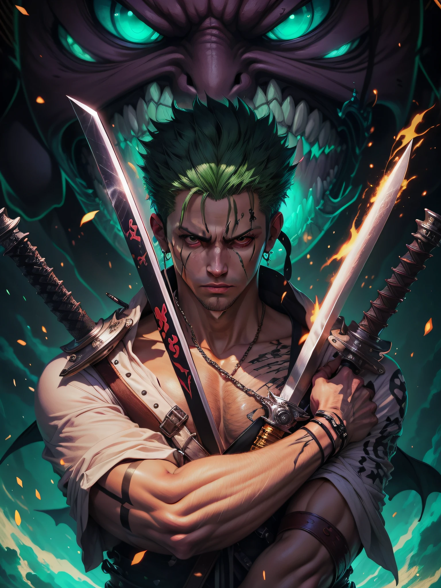 anime character with two swords in front of a demon, roronoa zoro, badass anime 8 k, anime epic artwork, 4 k manga wallpaper, anime wallpaper 4 k, anime wallpaper 4k, 4k anime wallpaper, anime wallaper, anime art wallpaper 4k, anime art wallpaper 4 k, anime masterpiece, anime style 4 k, anime art wallpaper 8 k