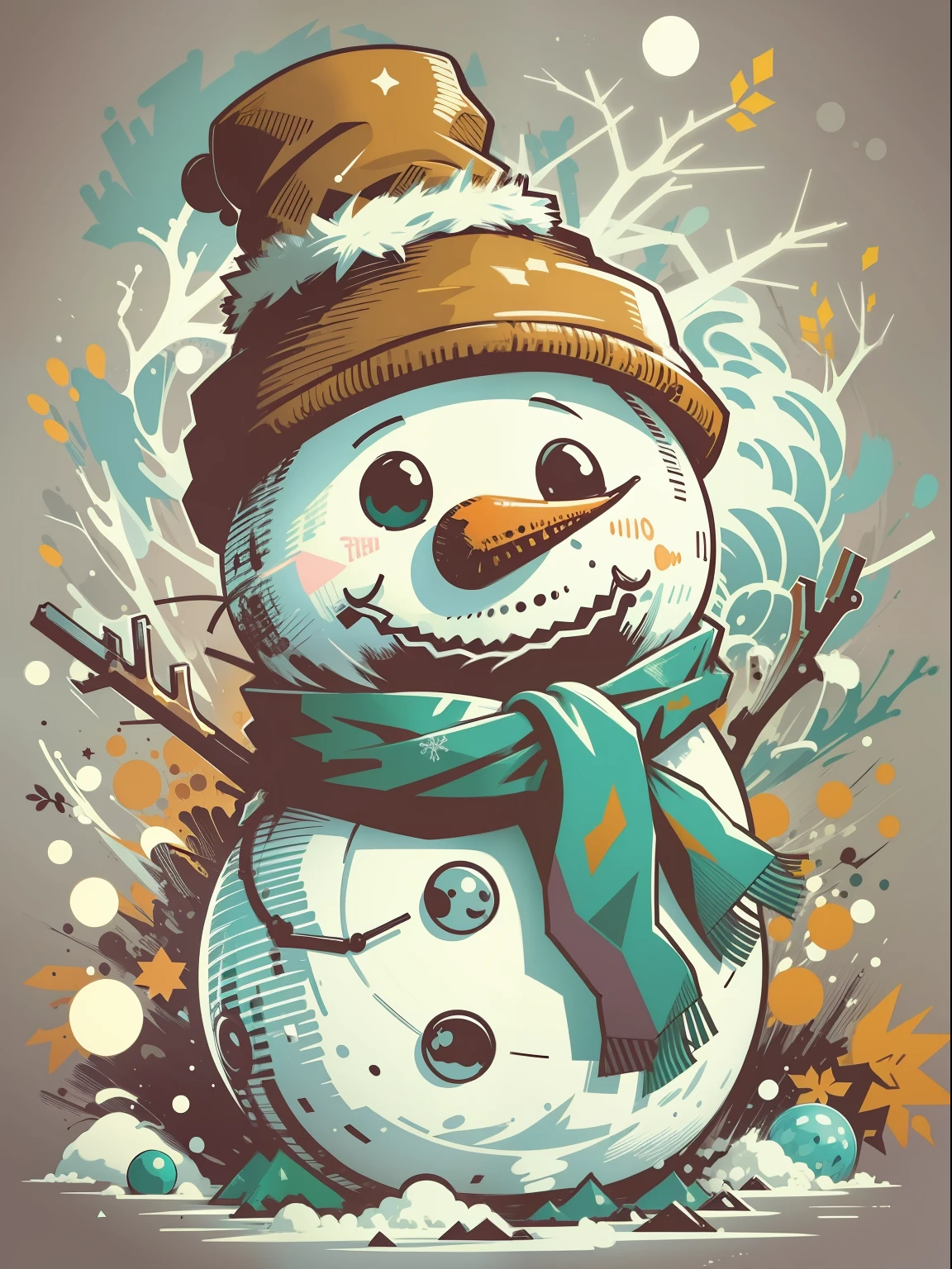 vector t shirt art ready to print colorful graffiti illustration of a cute snowman, christmas style, action shot, christmas color, high detail, white background