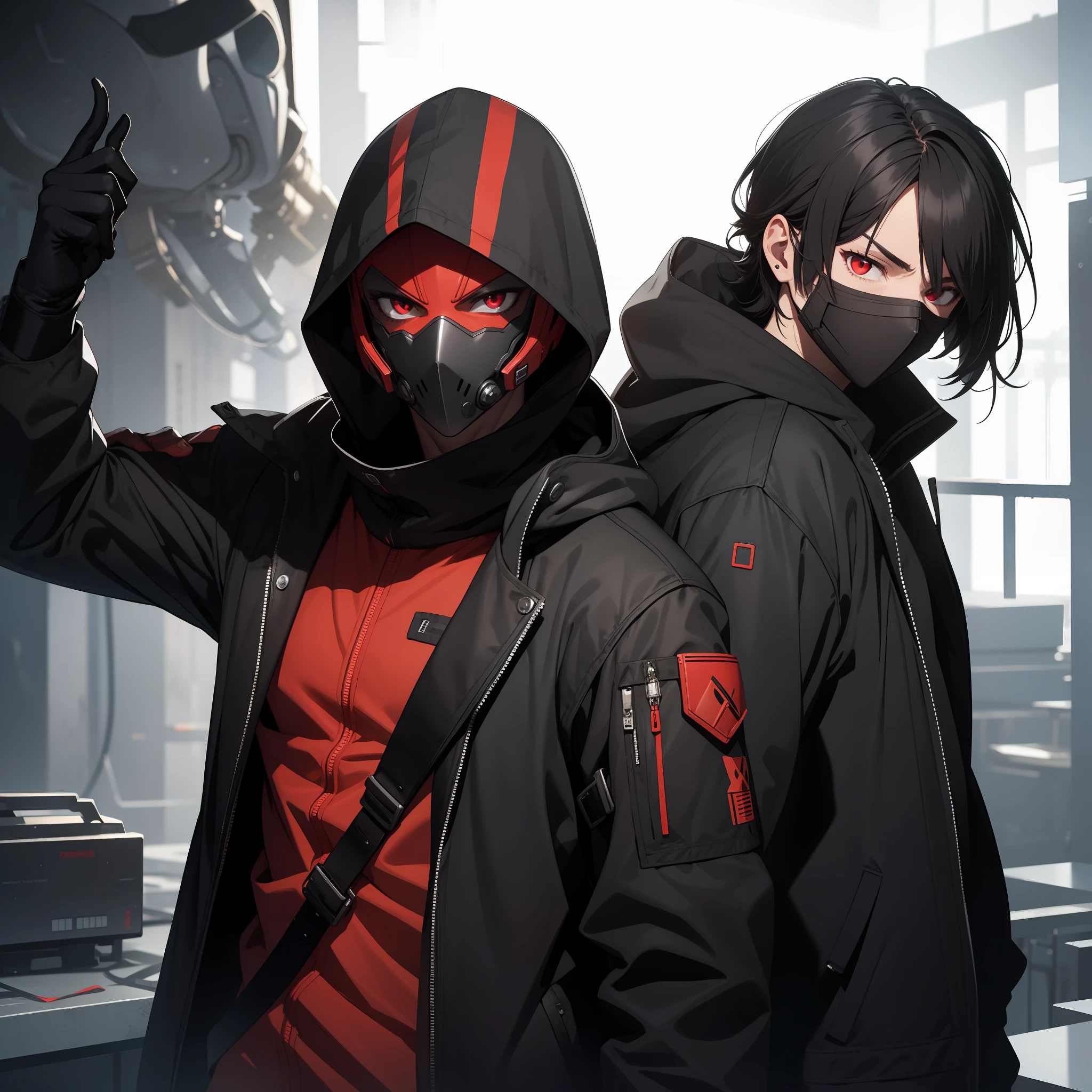 Solo male, black hair, red eyes, mask covering face, hood, black armor, black gloves, science fiction, slim