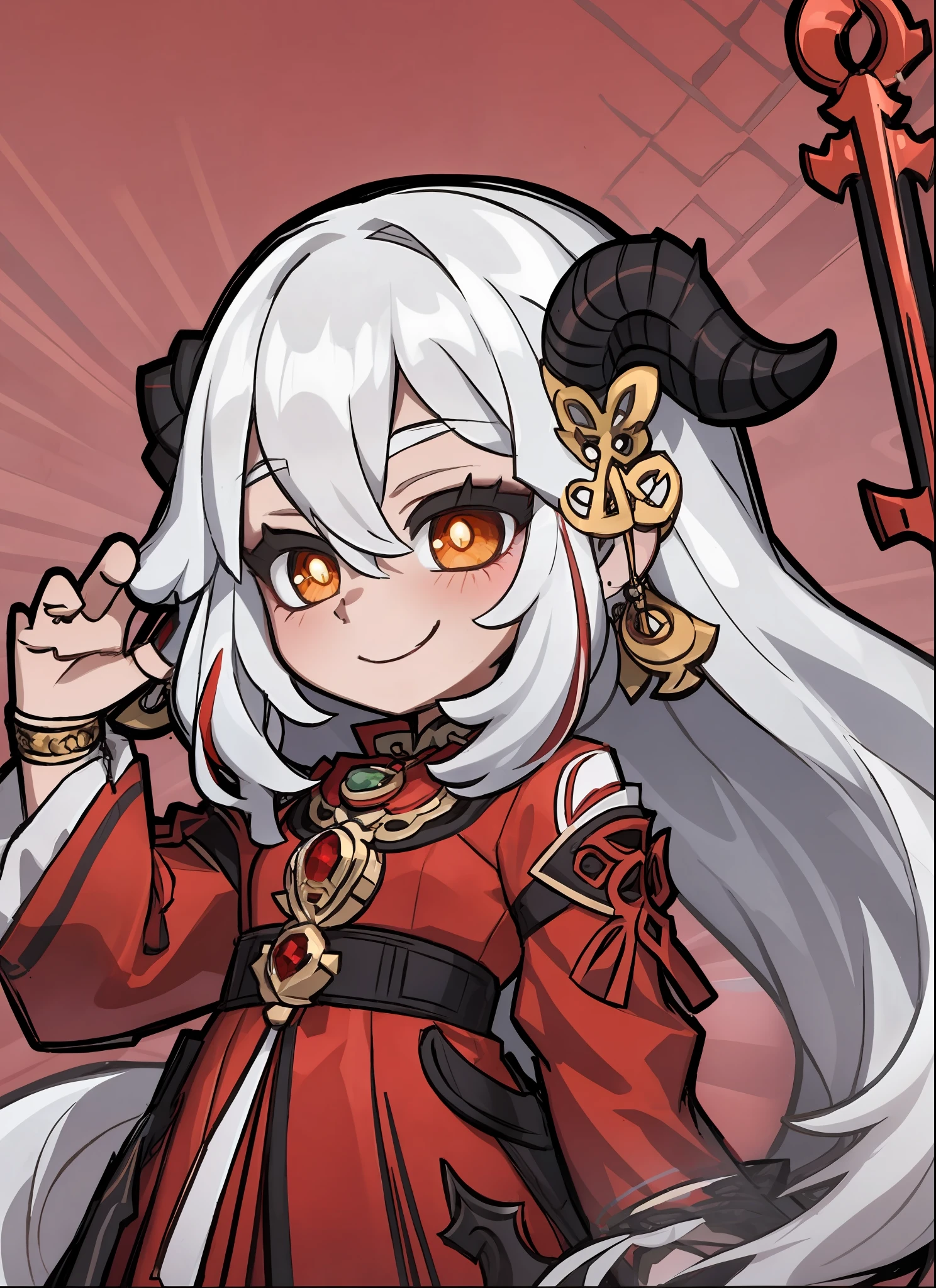 chibi, long white hair, red pupils, jewelry, blushing, cute, smug, smile, rolling eyes, golden jewelry, red dress, goat horn, weapon, trident
