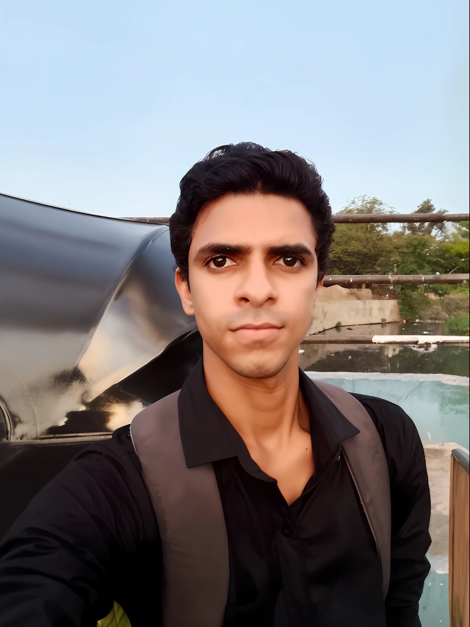 there is a man that is standing in front of a boat, 8k selfie photograph, selfie photo, very very low quality picture, selfie shot straight on angle, with accurate face, attractive photo, taken with sony a7r camera, inspired by Saurabh Jethani, selfie!!!!! of a man, professional profile picture, front profile!!!!