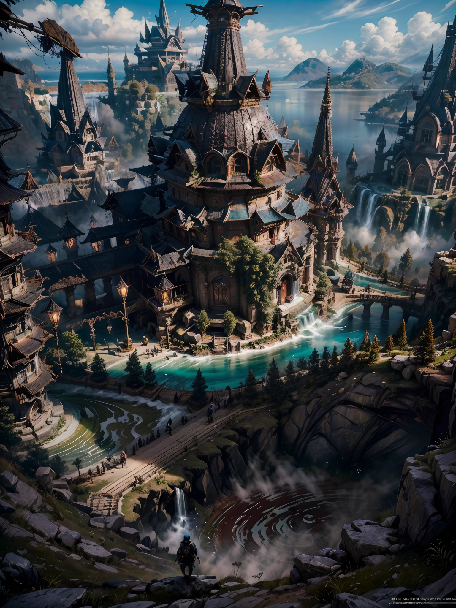 (Graphic illutration),from behind,1girl,(girl focus:0.6), standing and looking at the breath taking fantasy view of countless of flying island, waterfall, forest, otherworldly castle, rainbow, dynamic angle, BREAK,Detailed,Realistic,4k highly detailed digital art,octane render, bioluminescent, BREAK 8K resolution concept art, realism,by Mappa studios,masterpiece,best quality,official art,illustration,ligne claire,(cool_color),perfect composition,absurdres, fantasy,focused,rule of thirds