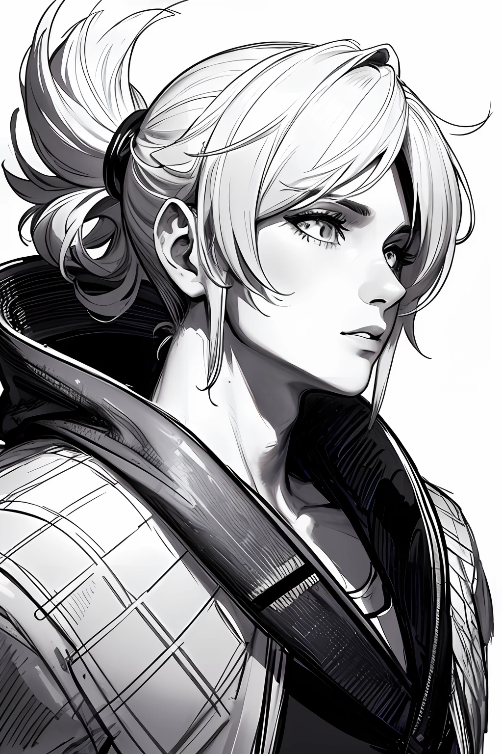 obra-prima, yory, the king of fighther, solo, perfil close-up, fundo de desenho de linha de flor, fundo branco, monocromatic, desenho de linha, ((sketchfab))