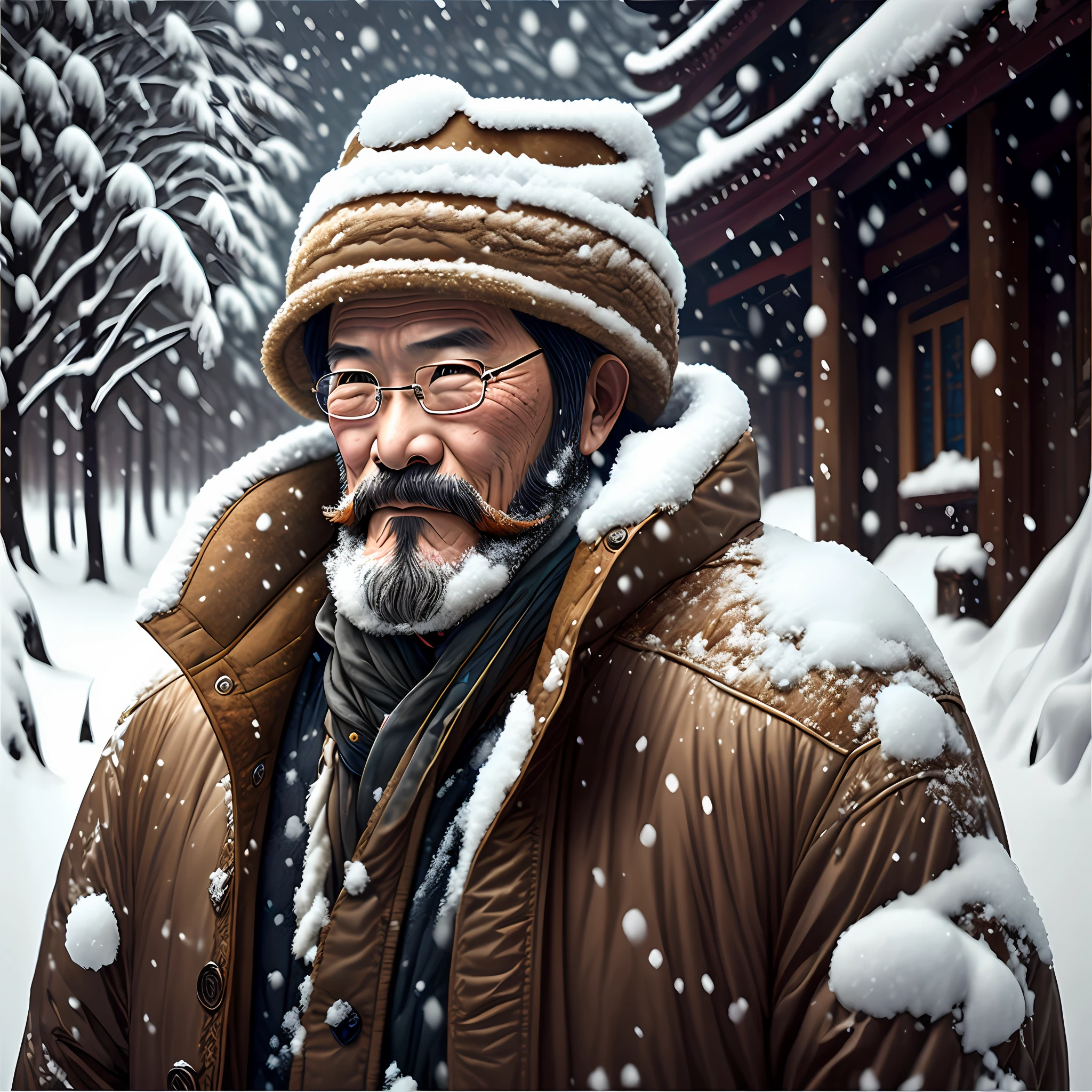 A middle-aged man in China，Beard，Big waist round，With a dogskin hat，Snow in the background，Masterpiece，Best quality，Close-up Shot Shot --auto