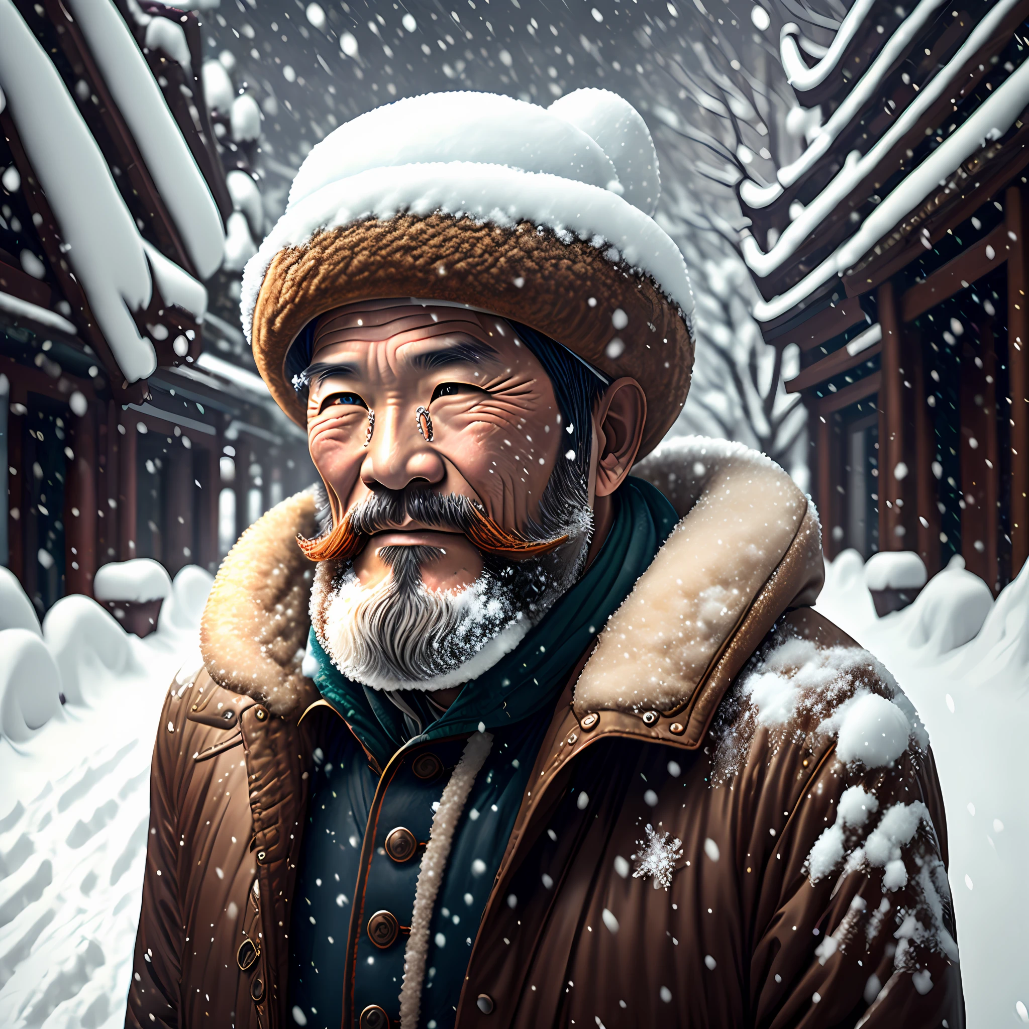 A middle-aged man in China,Beard,Big waist round,With a dogskin hat,Snow in the background,Masterpiece,Best quality,Close-up Shot Shot --auto