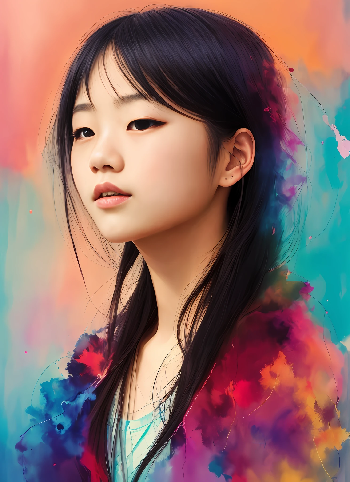 An Asian girl by Agnes Cecile,Luminous design,pastelcolor,Ink drops,Autumn lights