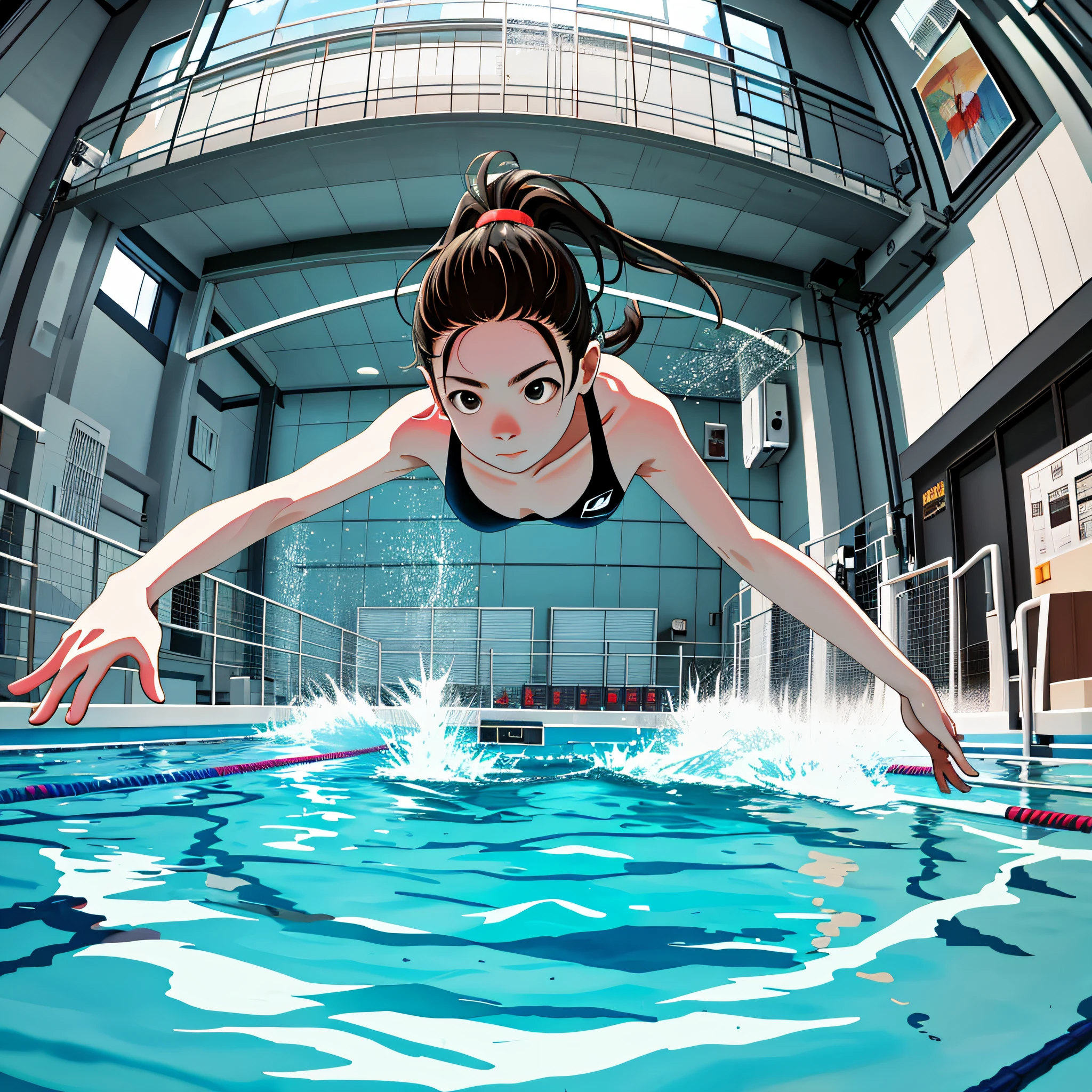 masterpiece,best quality, swimming,(pool:0.6),dynamic,action,motion,1women,dive,fisheye lens,closed mouth,