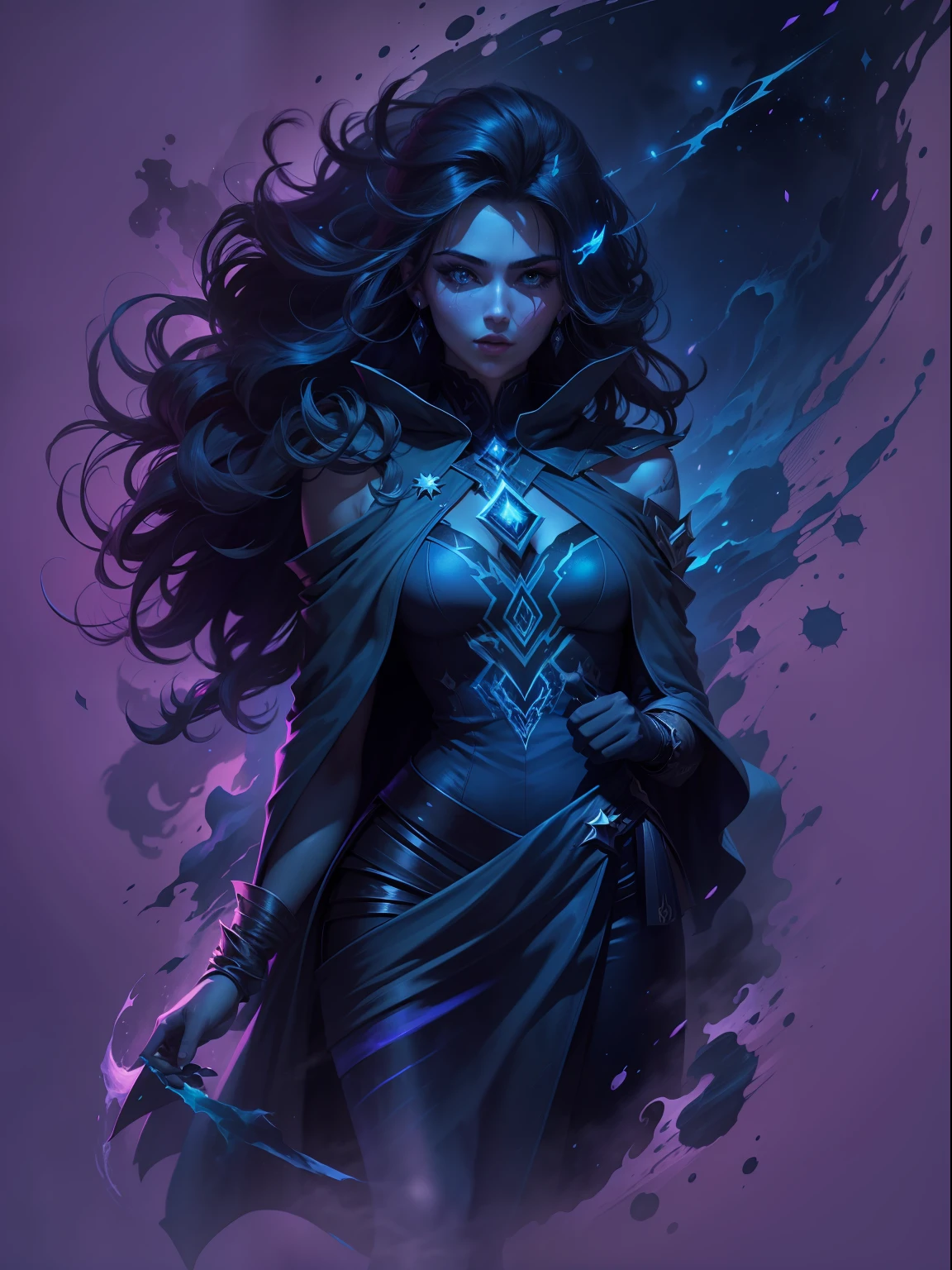 high quality, stary night blue Black beautiful woman Shadow Wizard, splash arts, aesthetic for Tshirt design, highly detailed, darktone