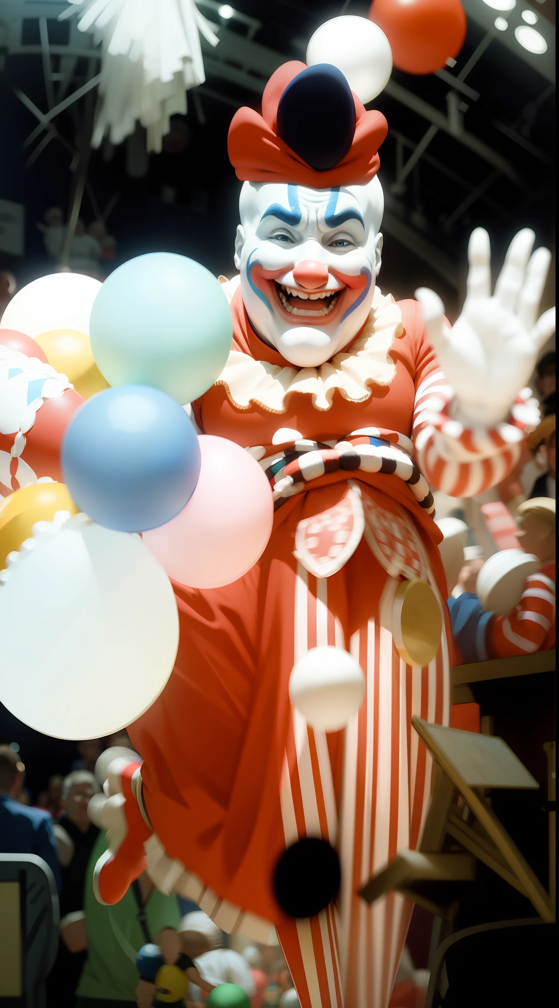 /imagine prompt: Inside a bustling circus tent, a plump clown with a serious face and painted in bold blue, white, and red stripes, performs an act of hilarity and skill. He stands on a small platform in the center ring, juggling an array of colorful balls and bowling pins. His bright red and white clown outfit is adorned with shimmering sequins and bells that jingle with each movement. The audience, filled with people of all ages, watches in awe and amusement. Their faces reflect excitement and wonder as they are captivated by the clown's performance. The circus tent is vibrant and lively, with colorful flags hanging from the ceiling and a large carousel in the background. The atmosphere is electric, buzzing with anticipation and joy. The style for this image is a dynamic illustration that captures the energy and movement of the circus performance. The colors are rich and vibrant, and the lines are fluid, emphasizing the clown's dynamic poses and the swirling patterns of the juggling objects. This illustration will be executed digitally, allowing for precise detailing and vibrant colors, enhancing the overall sense of excitement and spectacle. --ar 16:9 --v 5