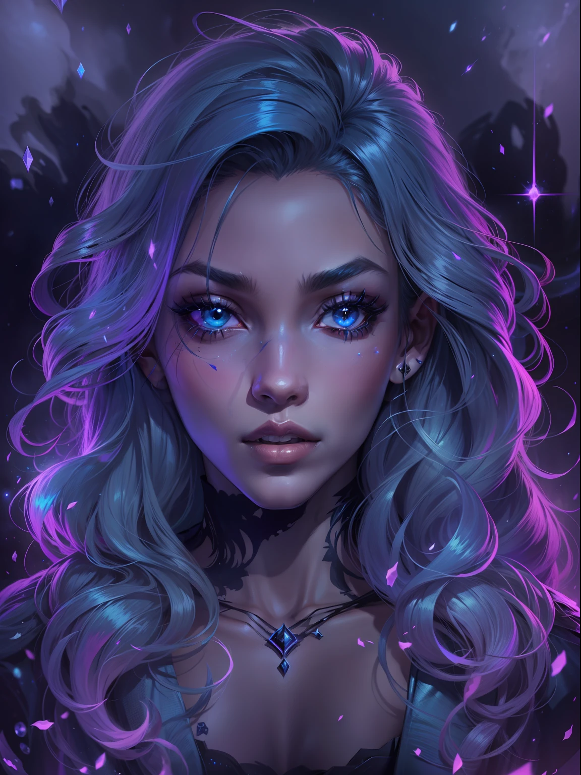 high quality, stary night blue Black beautiful woman Shadow Wizard, splash arts, aesthetic for Tshirt design, highly detailed, darktone