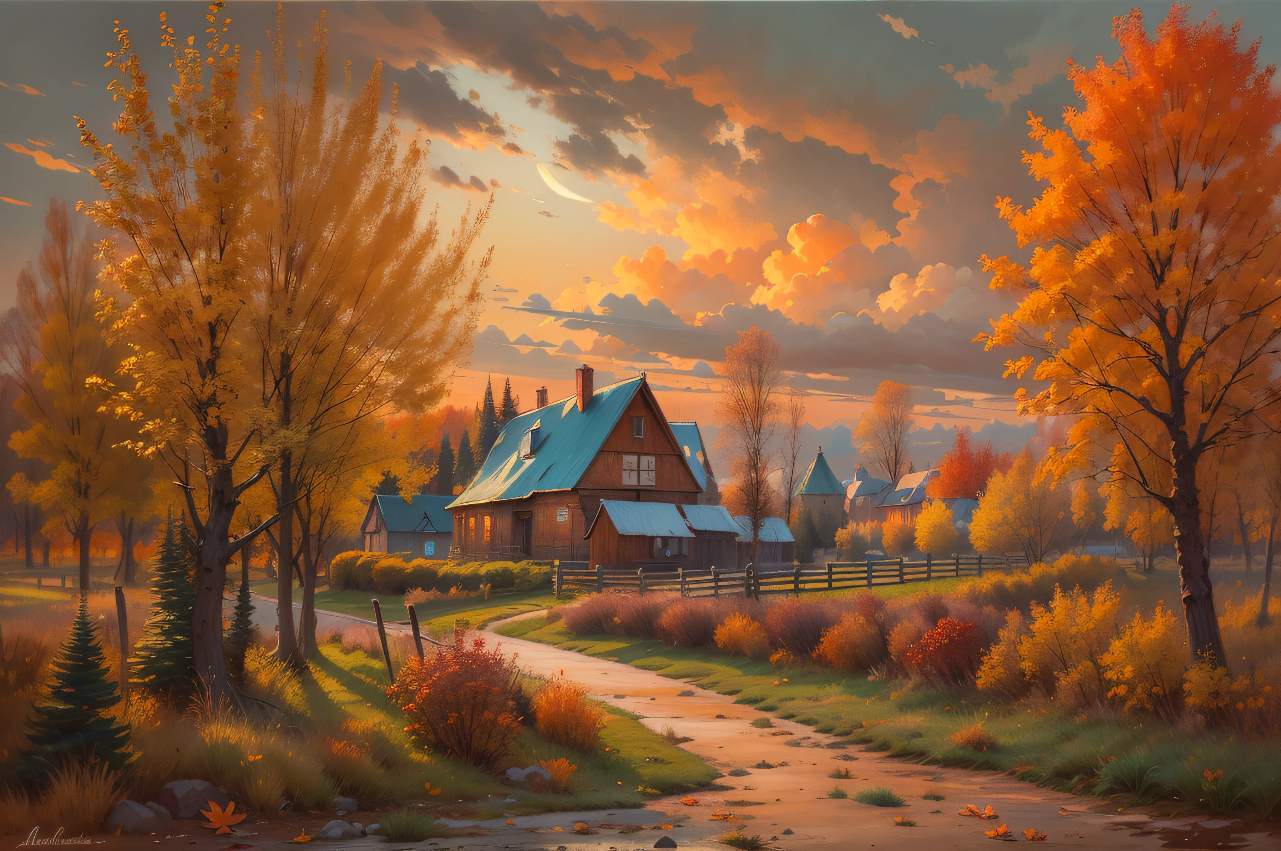 Autumn in the Russian village, Russian landscape, evening, oil painting