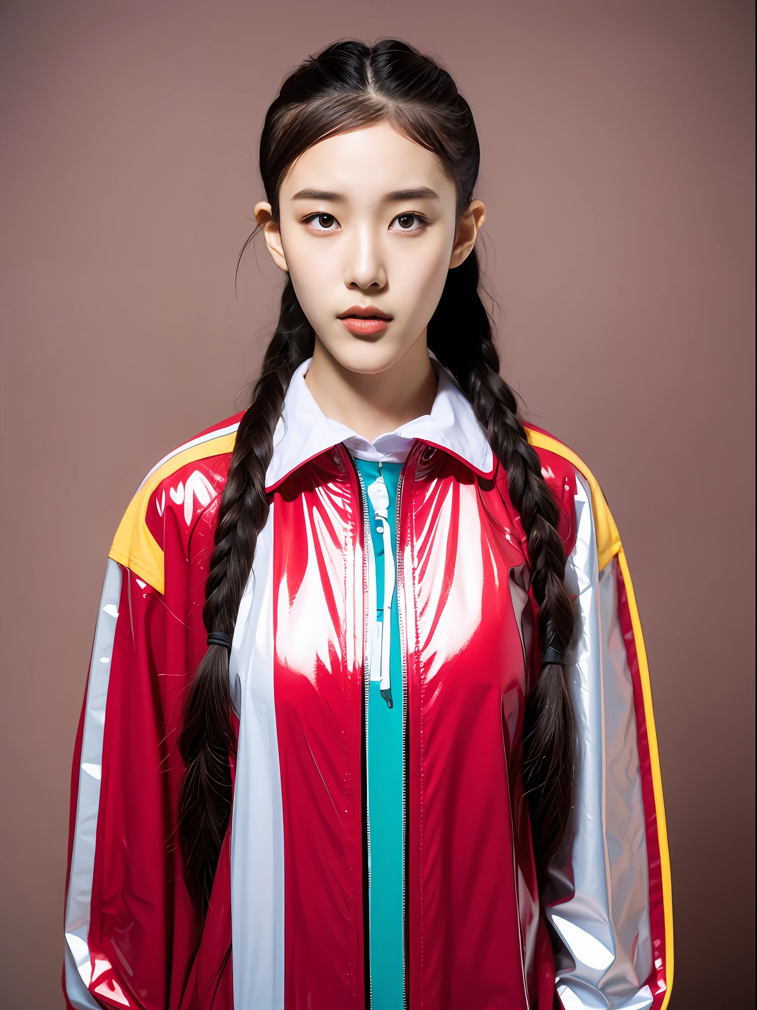 A female high school student,Wearing PVC red clothes,upper body photos,solid color backdrop
