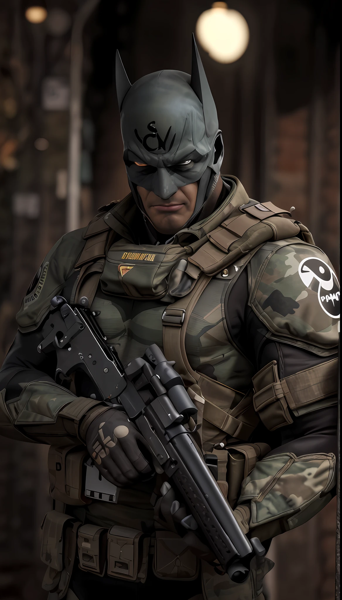 (((obra maestra, DC Comics, Batman el caballero oscuro))), street alley, basura, lluvia, soldado del futuro, agresivo, grande,  fuerte,  Visiones, ((Batman Vission Future Soldier, Llevar uniforme militar de camuflaje, no hay partes de la cara expuestas))) advanced technology, High-tech weapons, (((batman soldado de guerra post-apocaliptica, Epic resolution, Epic Quality, auto focus, profundidad de canpo, Epic sharpness, Lujo detallado, Fantastic color and contrast, Precise saturation, IMAX HDR, cinematic lighting,Impresionante calidad de renderizado realista,)))con estilo animado ReV, RevEstilo realista.